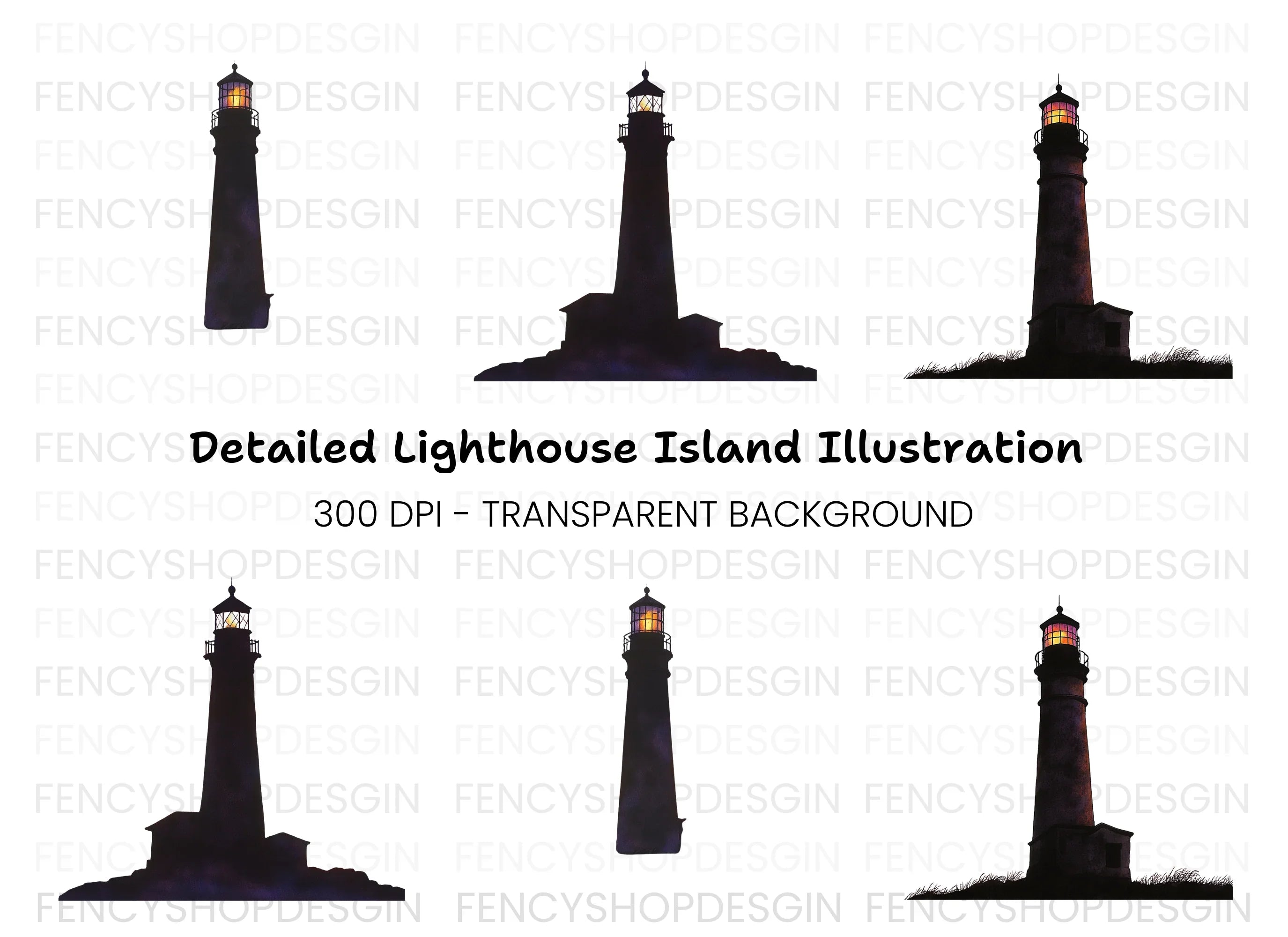 Night Lighthouse Silhouette Clipart Bundle