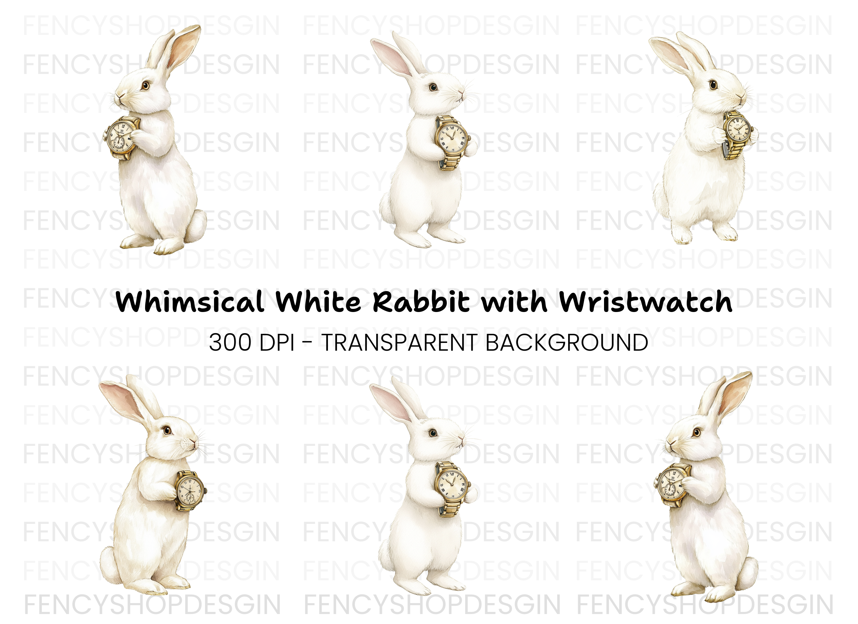 White Rabbit Holding Wristwatch Clipart Bundle