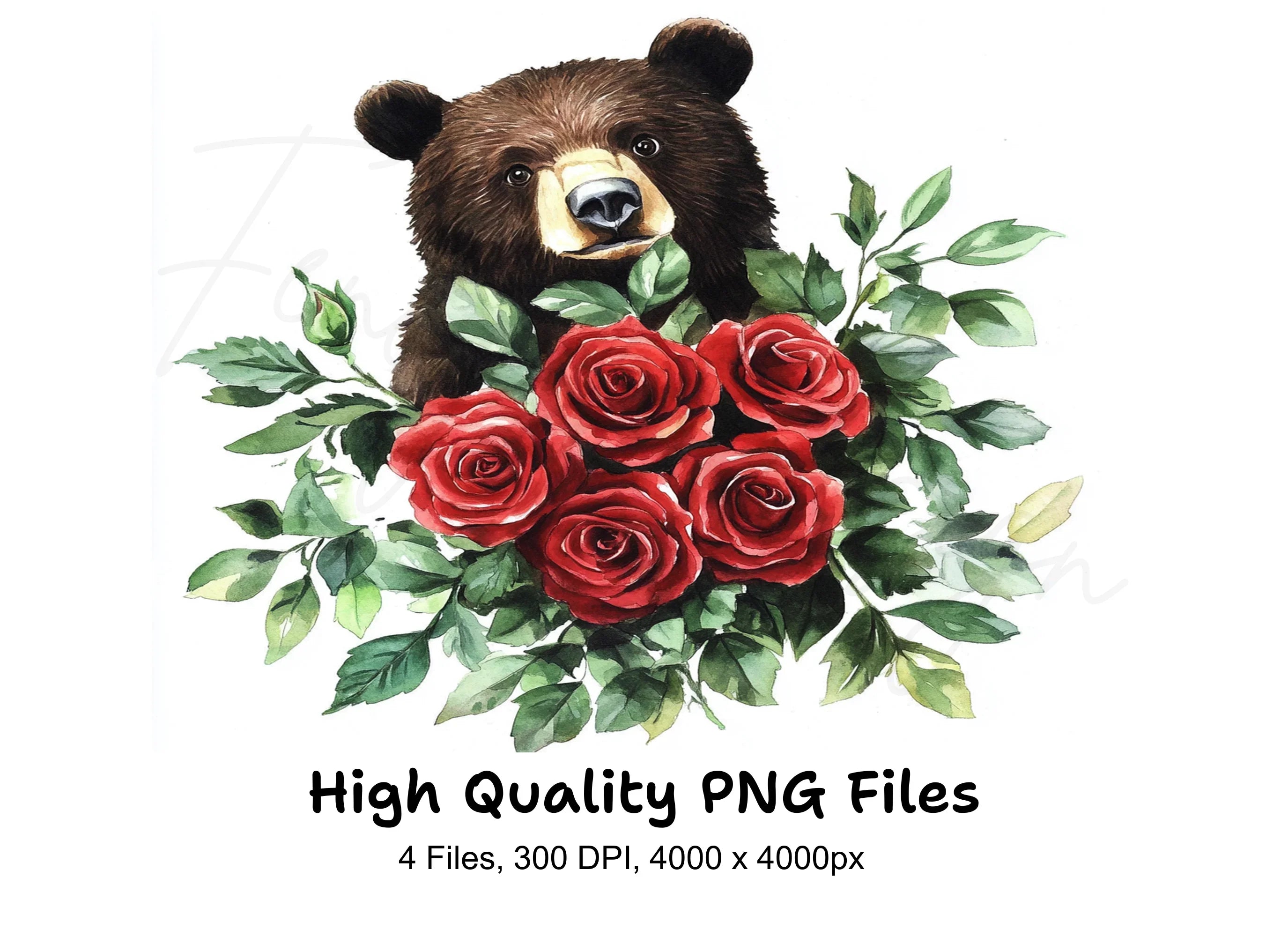 Brown Bear with Red Rose Bouquet Clipart Bundle