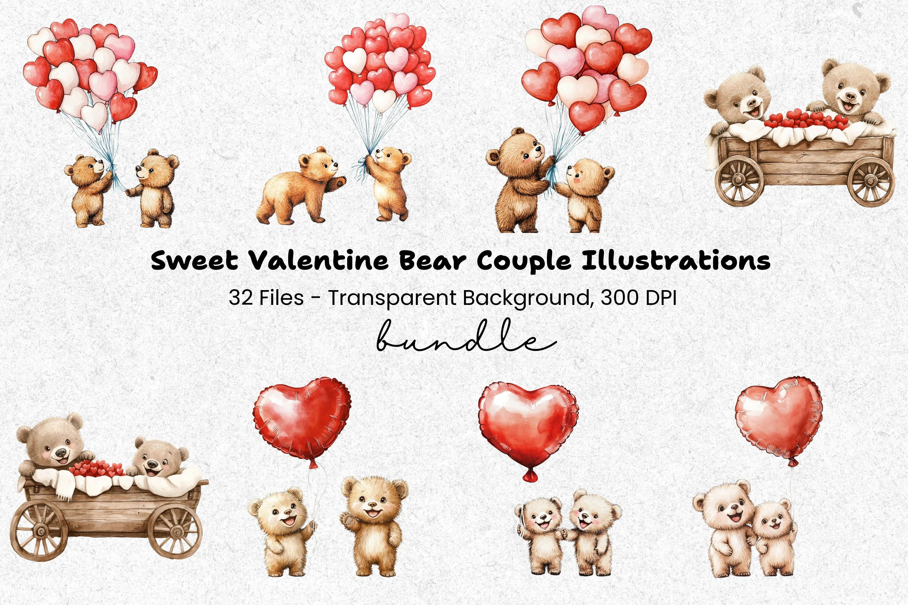 Teddy Bears with Heart Balloons Clipart Bundle