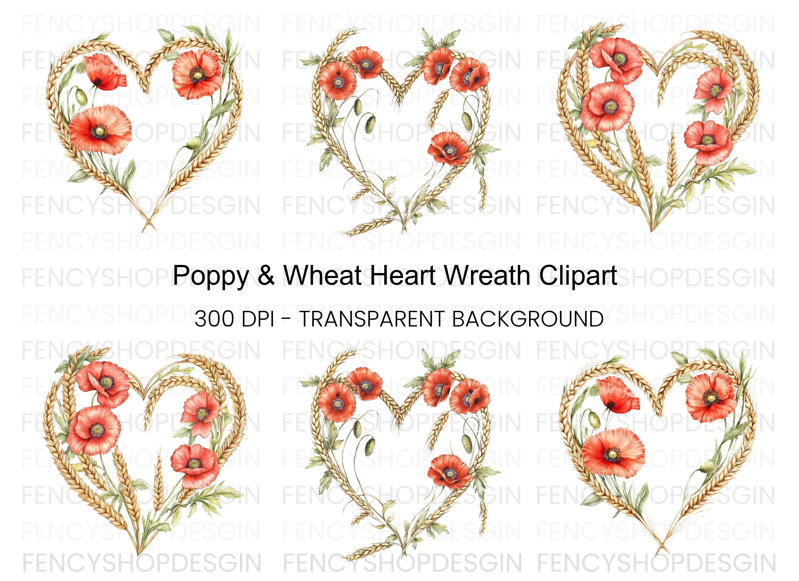 Poppy and Wheat Heart Clipart Bundle
