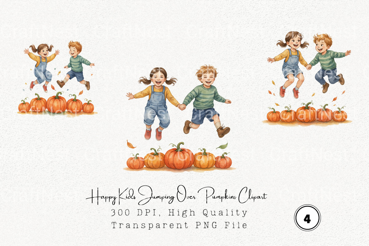 Happy Kids Jumping Over Pumpkins Clipart Bundle