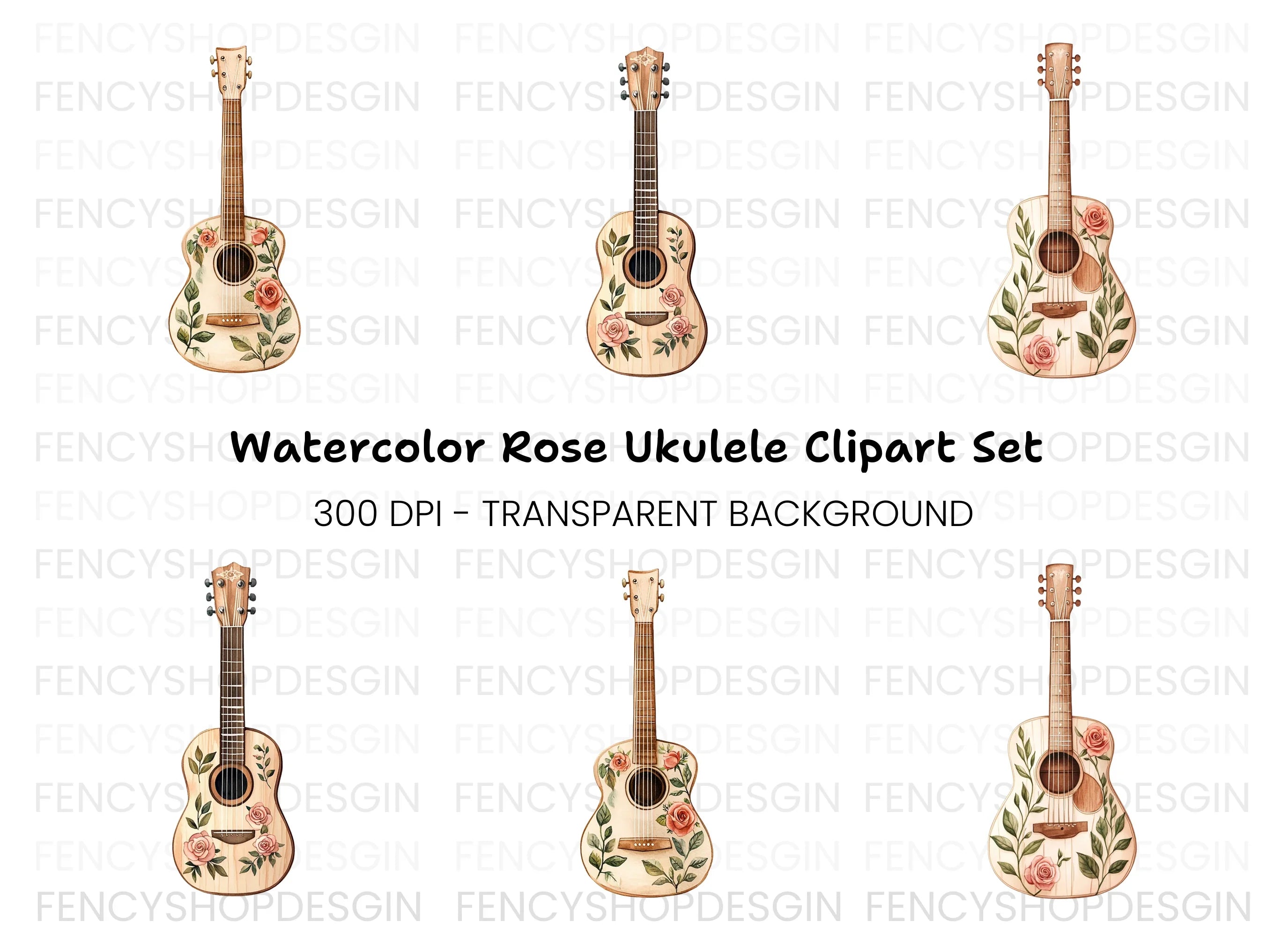 Rose Decorated Acoustic Guitar Clipart Bundle