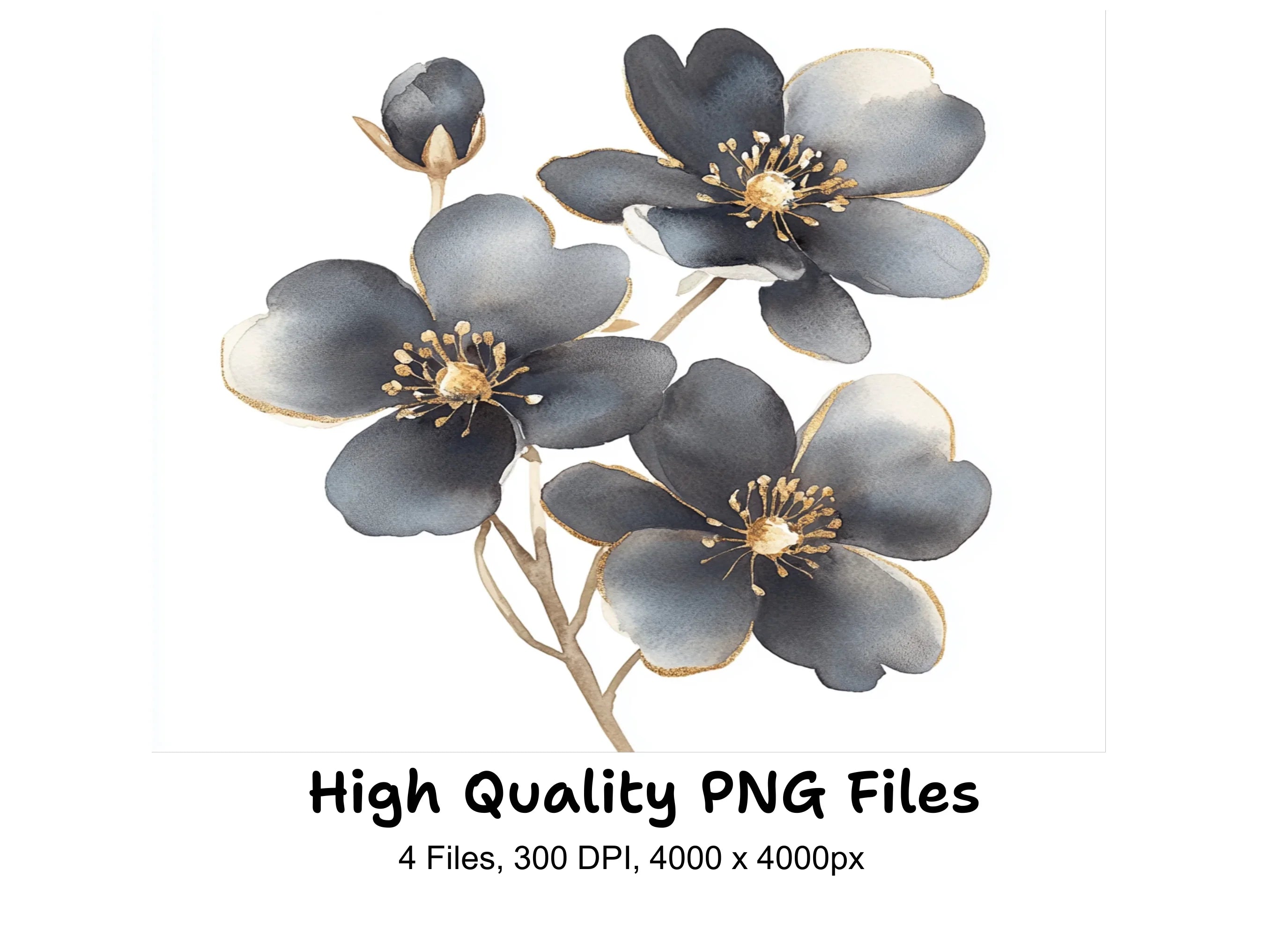 Dark Floral Gold Accents Clipart Bundle