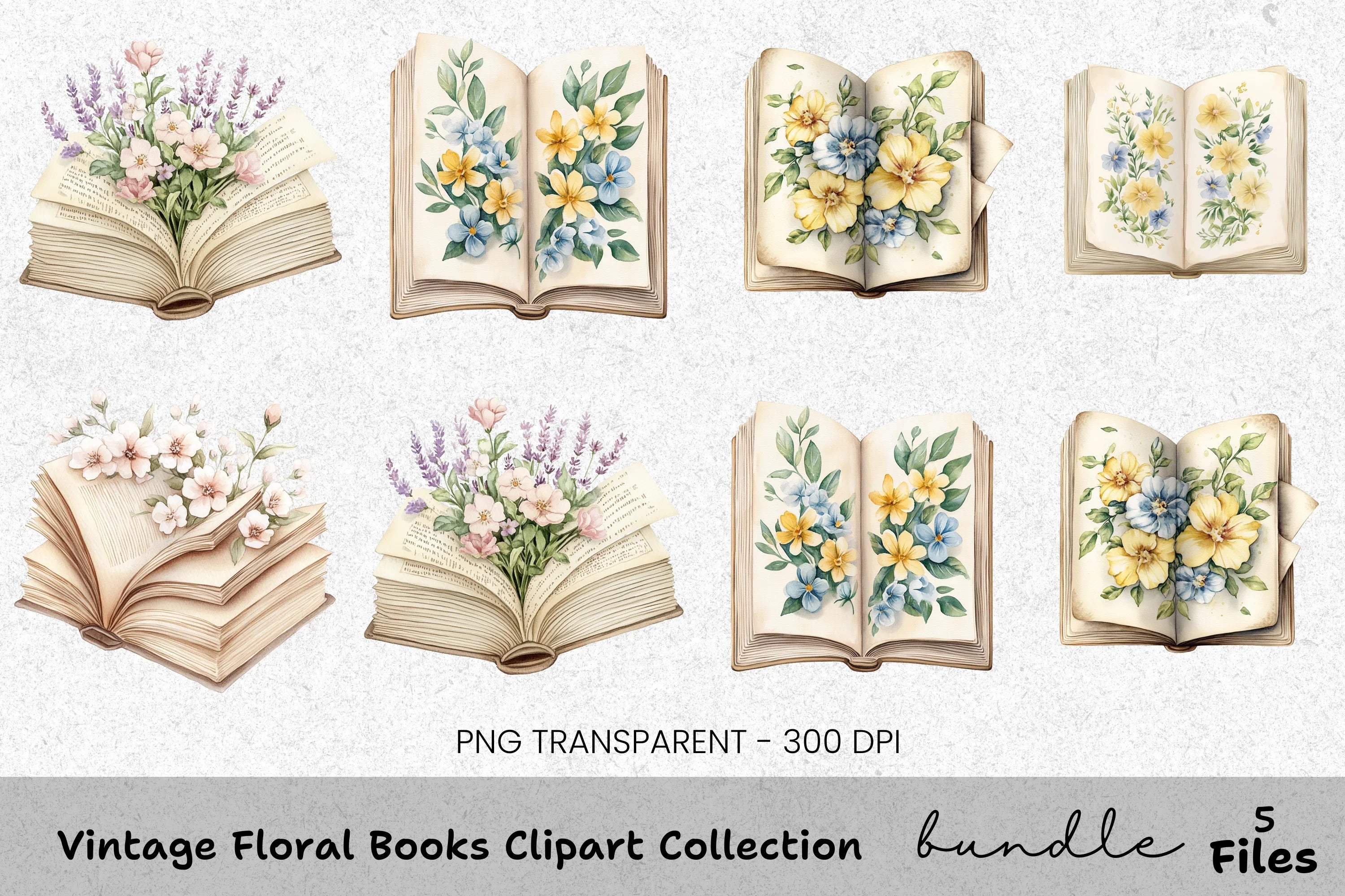 Vintage Floral Books Clipart Bundle