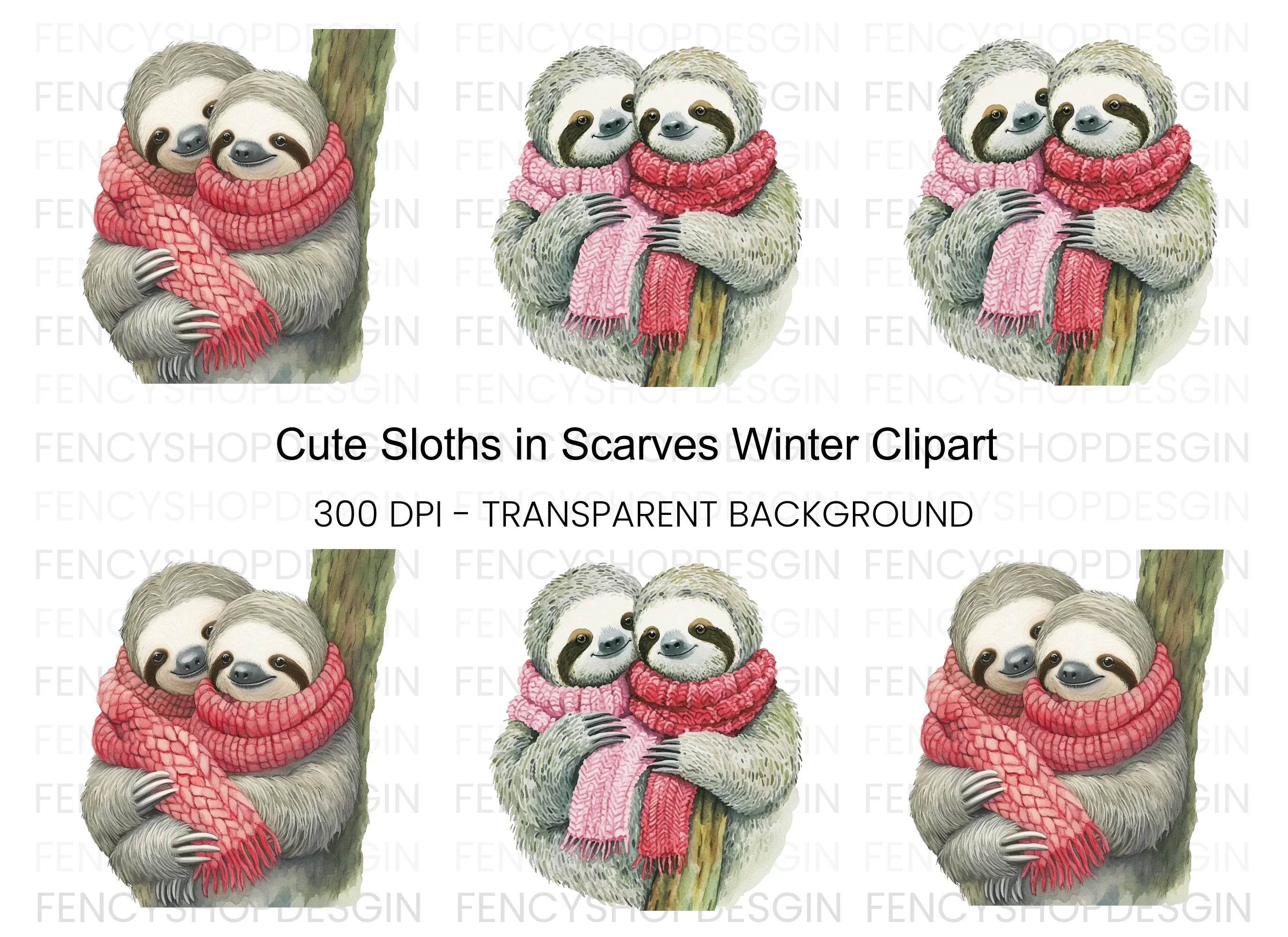 Cute Sloth Couple in Winter Scarves Clipart Bundle