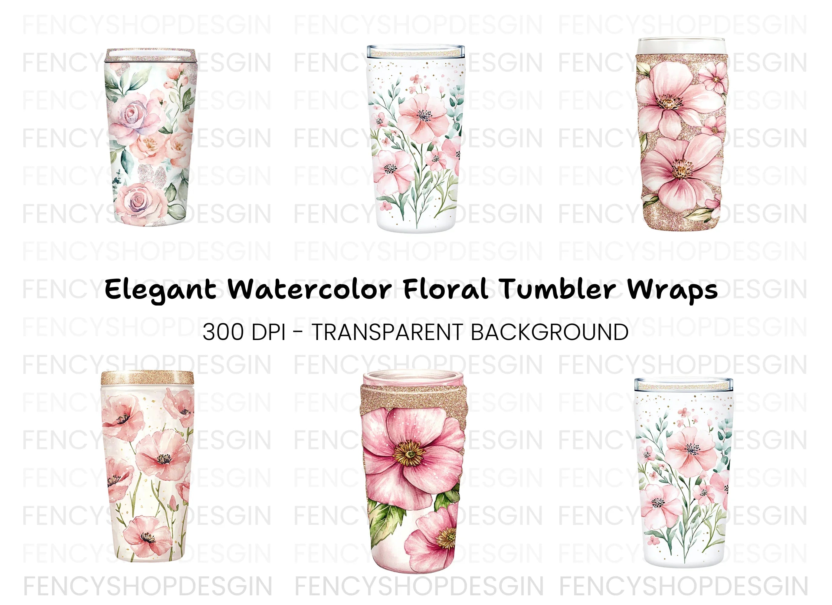 Glittery Pink Floral Tumbler Designs Clipart Bundle