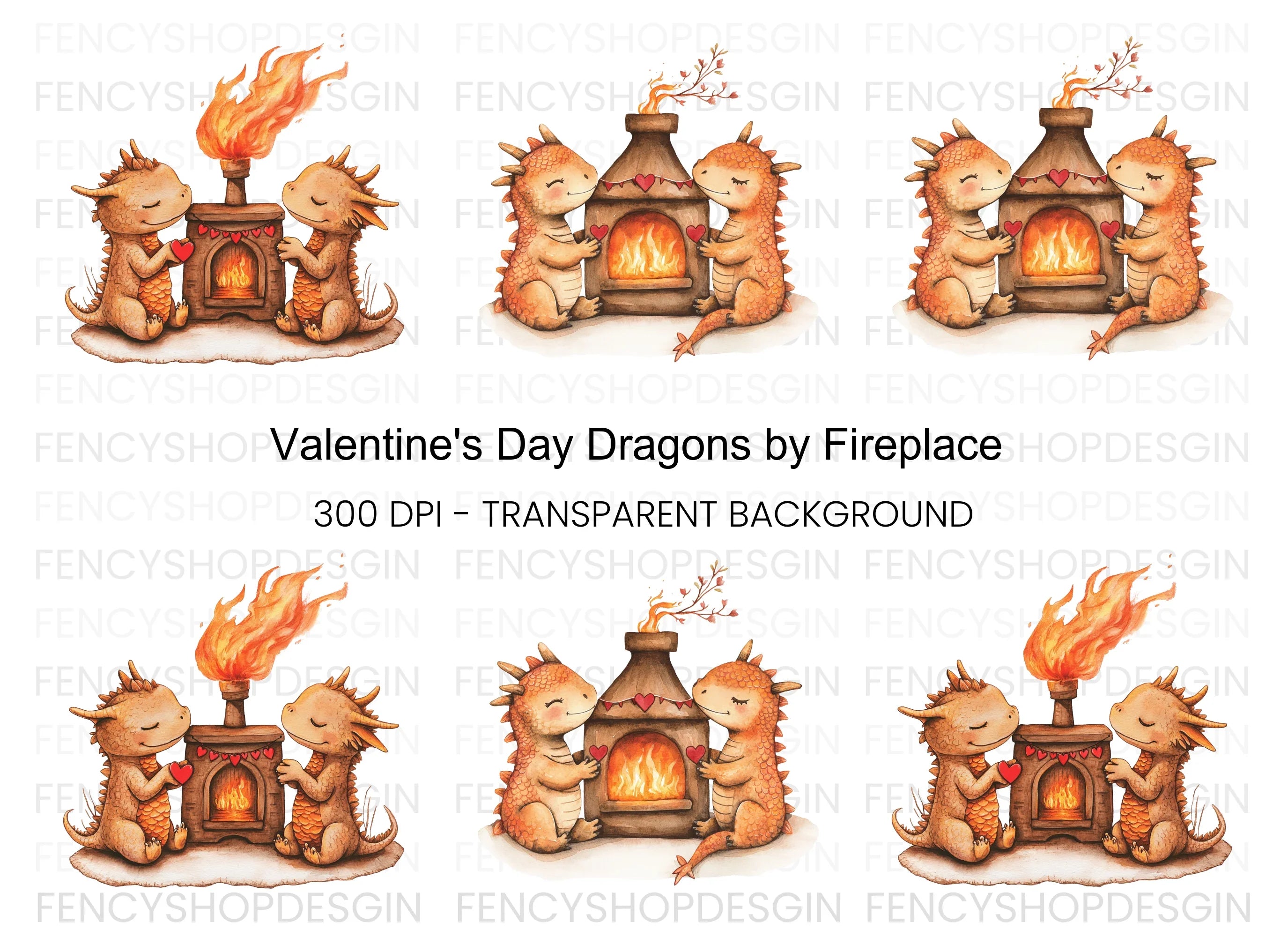 Valentine Dragons by Fireplace Clipart Bundle