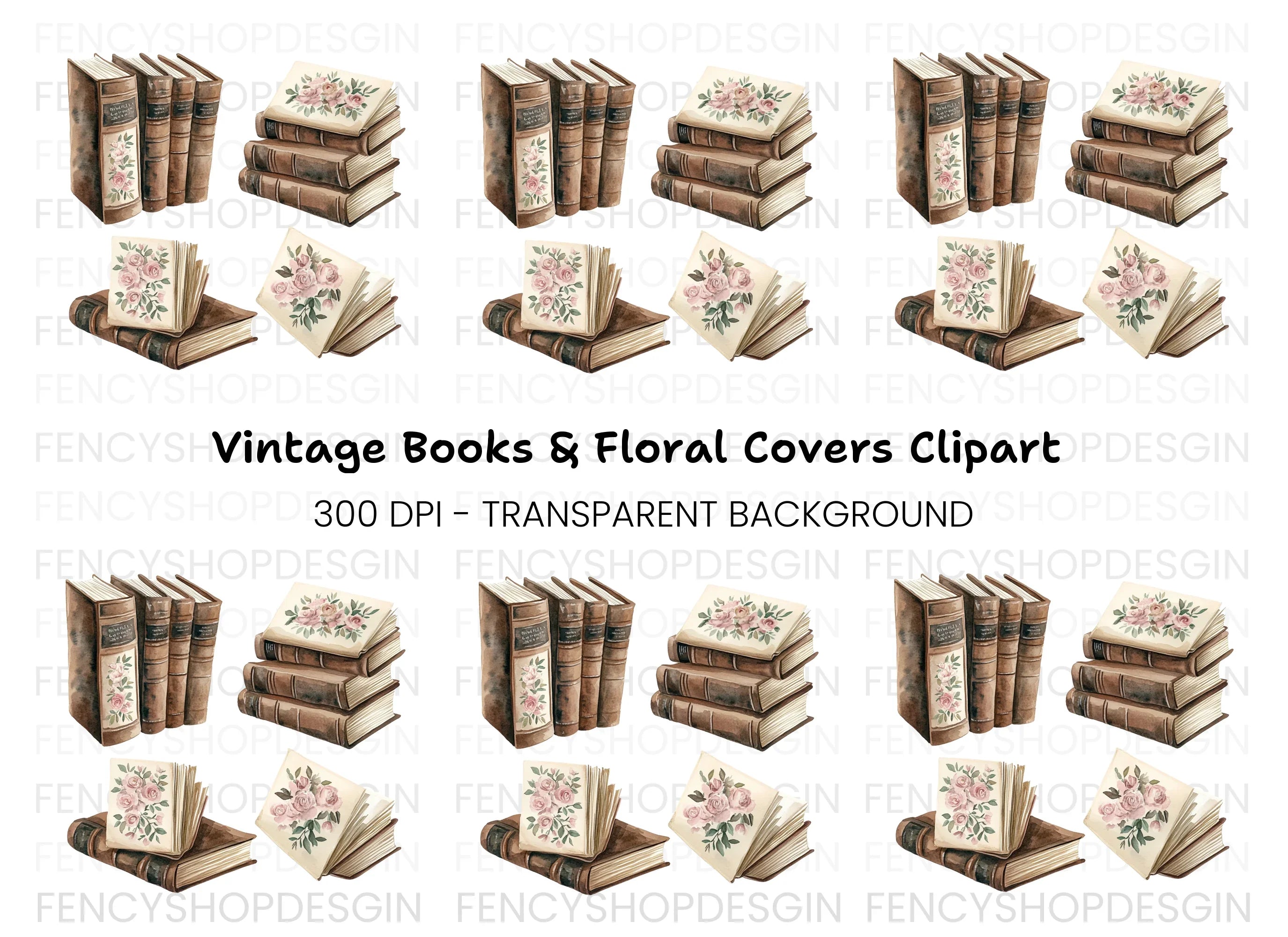 Vintage Floral Accents Books Clipart Bundle