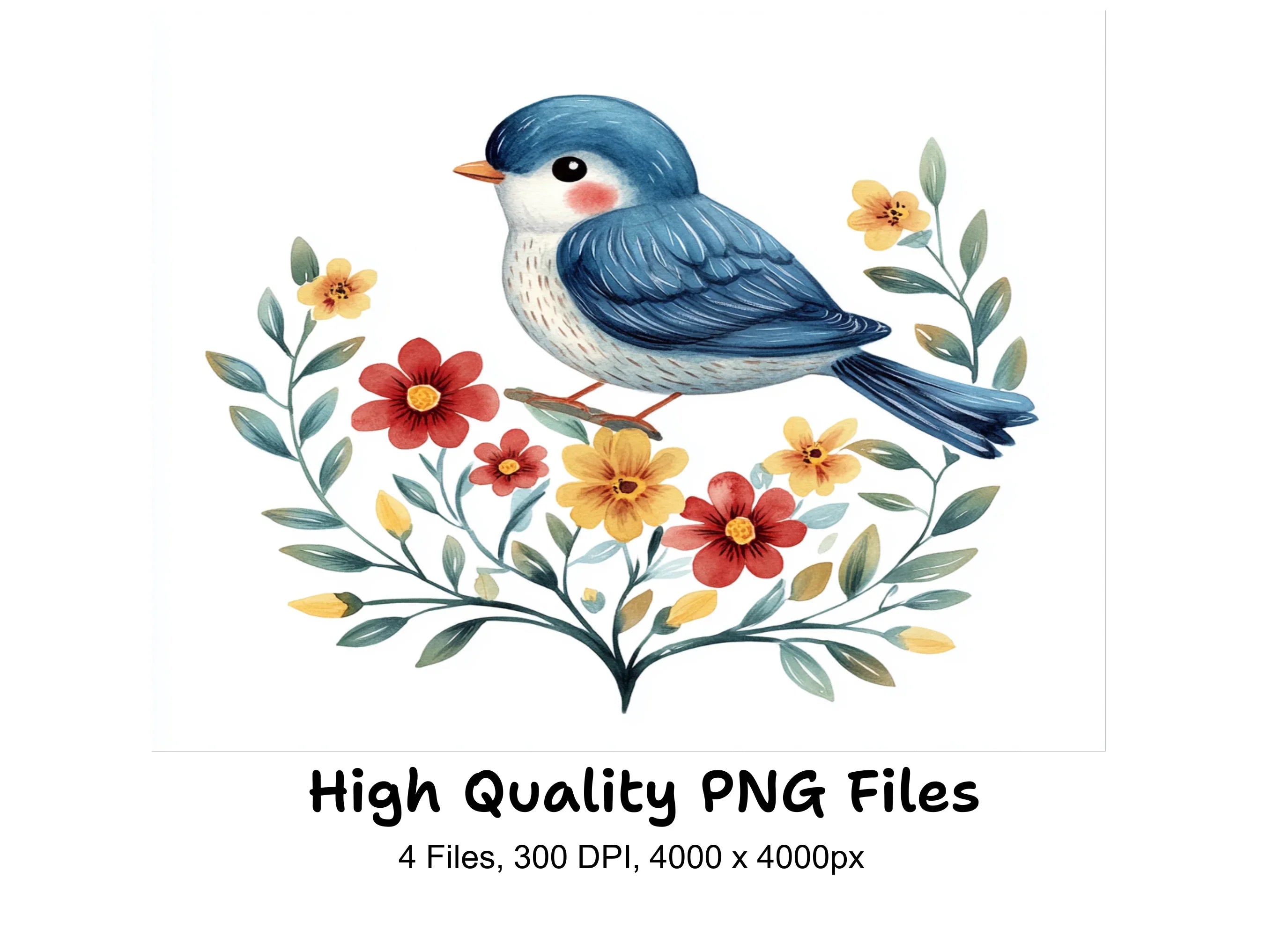 Cute Blue Birds with Spring Flowers Clipart Bundle