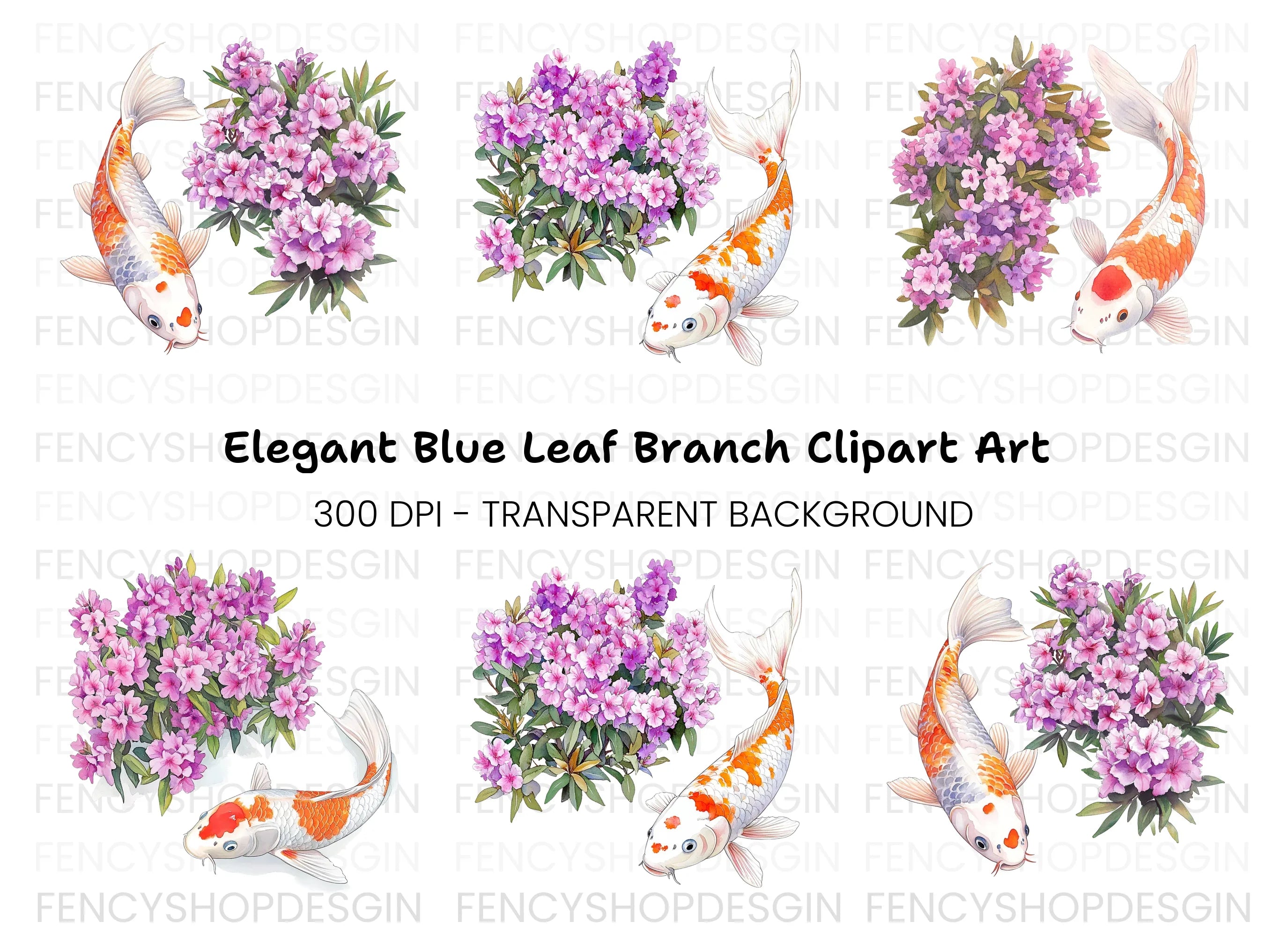 Koi Fish and Pink Flowers Clipart Bundle