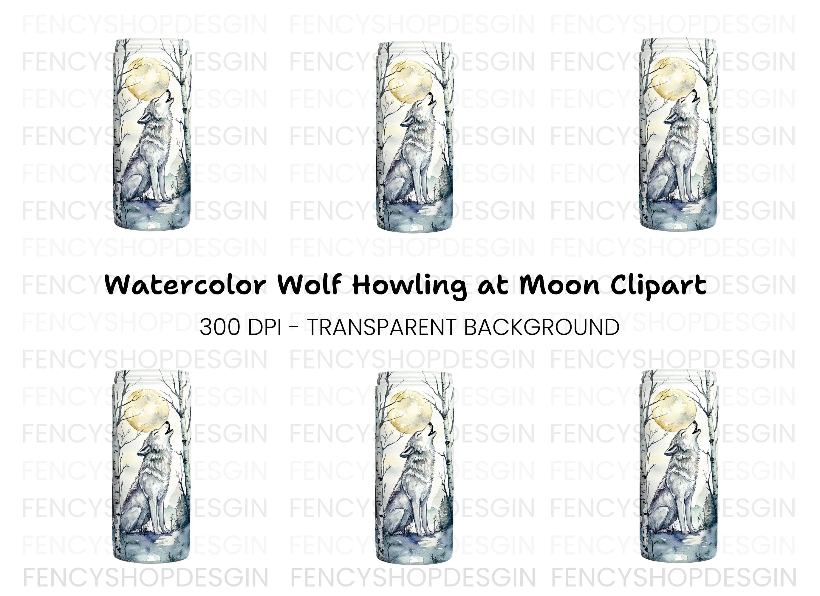 White Wolf Howling in Birch Forest Clipart Bundle