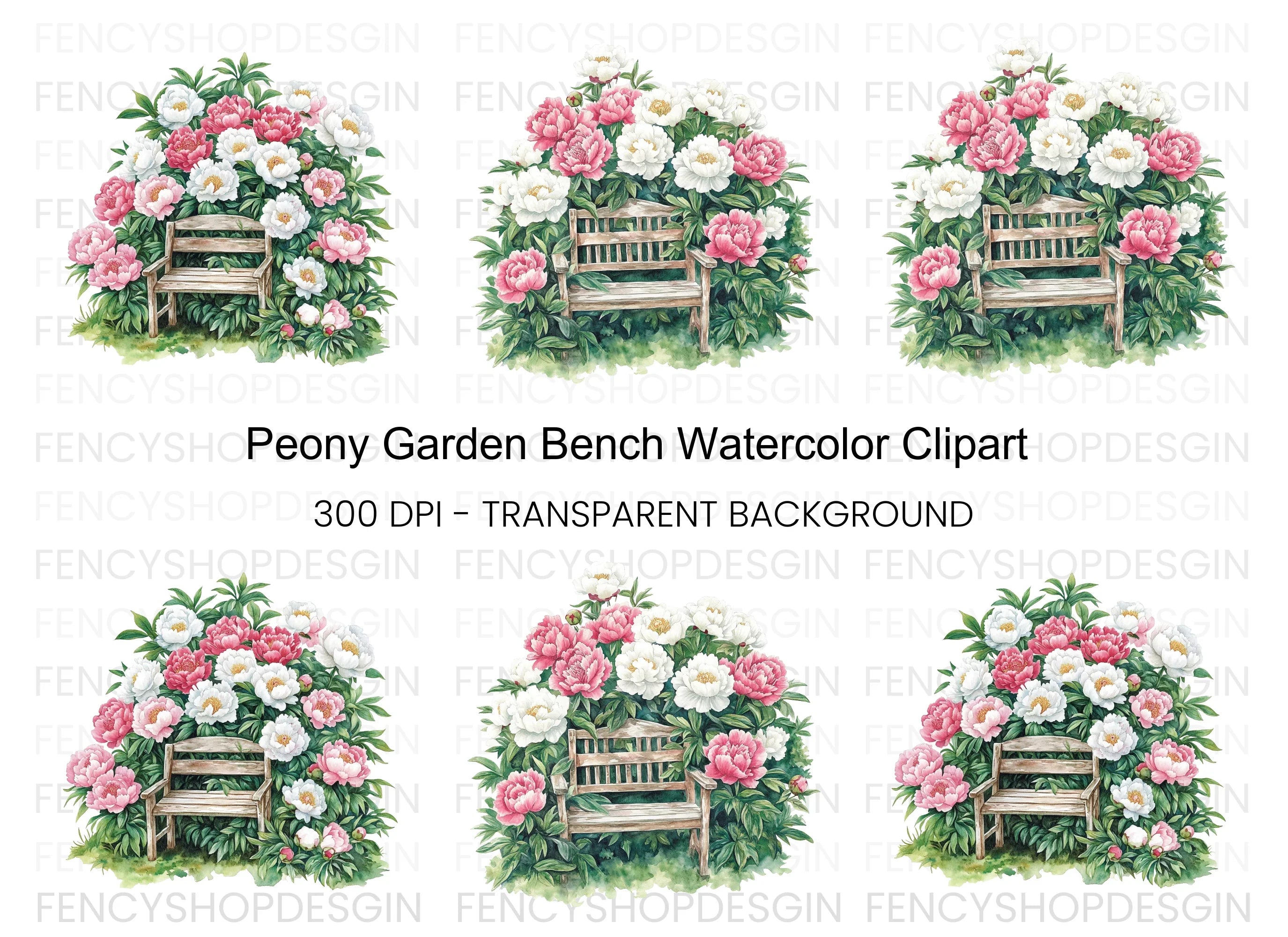 Peony Garden Bench Clipart Bundle