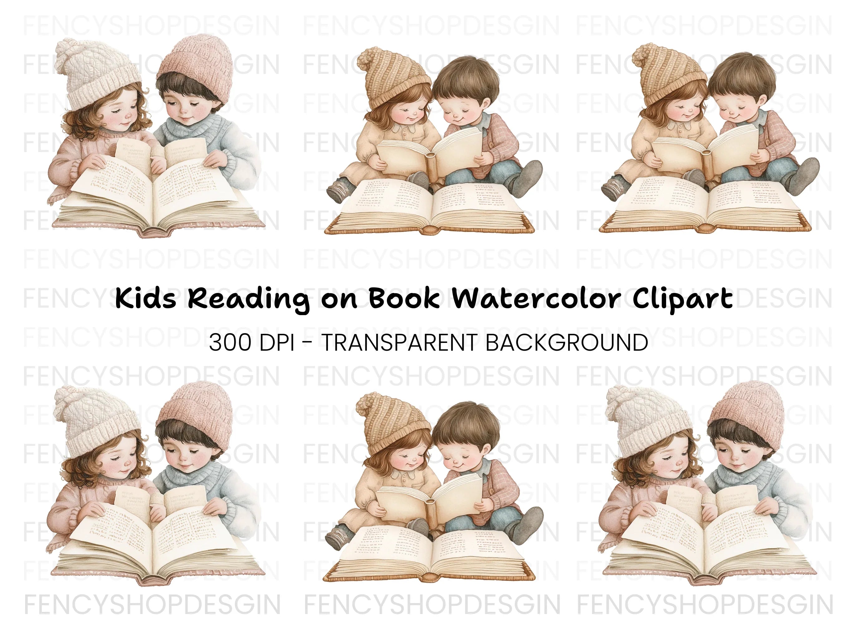 Sweet Children Reading Books Clipart Bundle