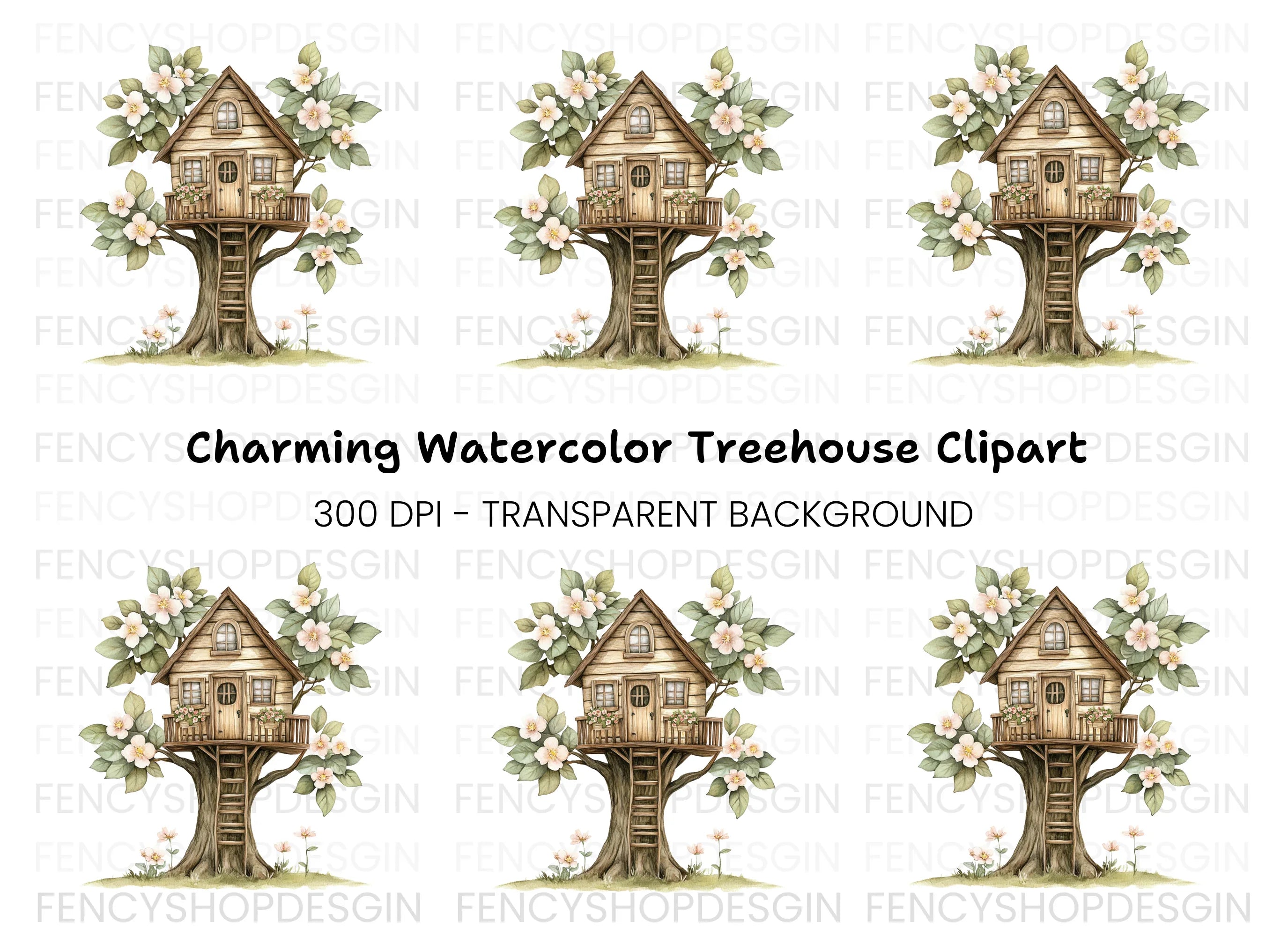 Cozy Treehouse with Pink Blossoms Clipart Bundle