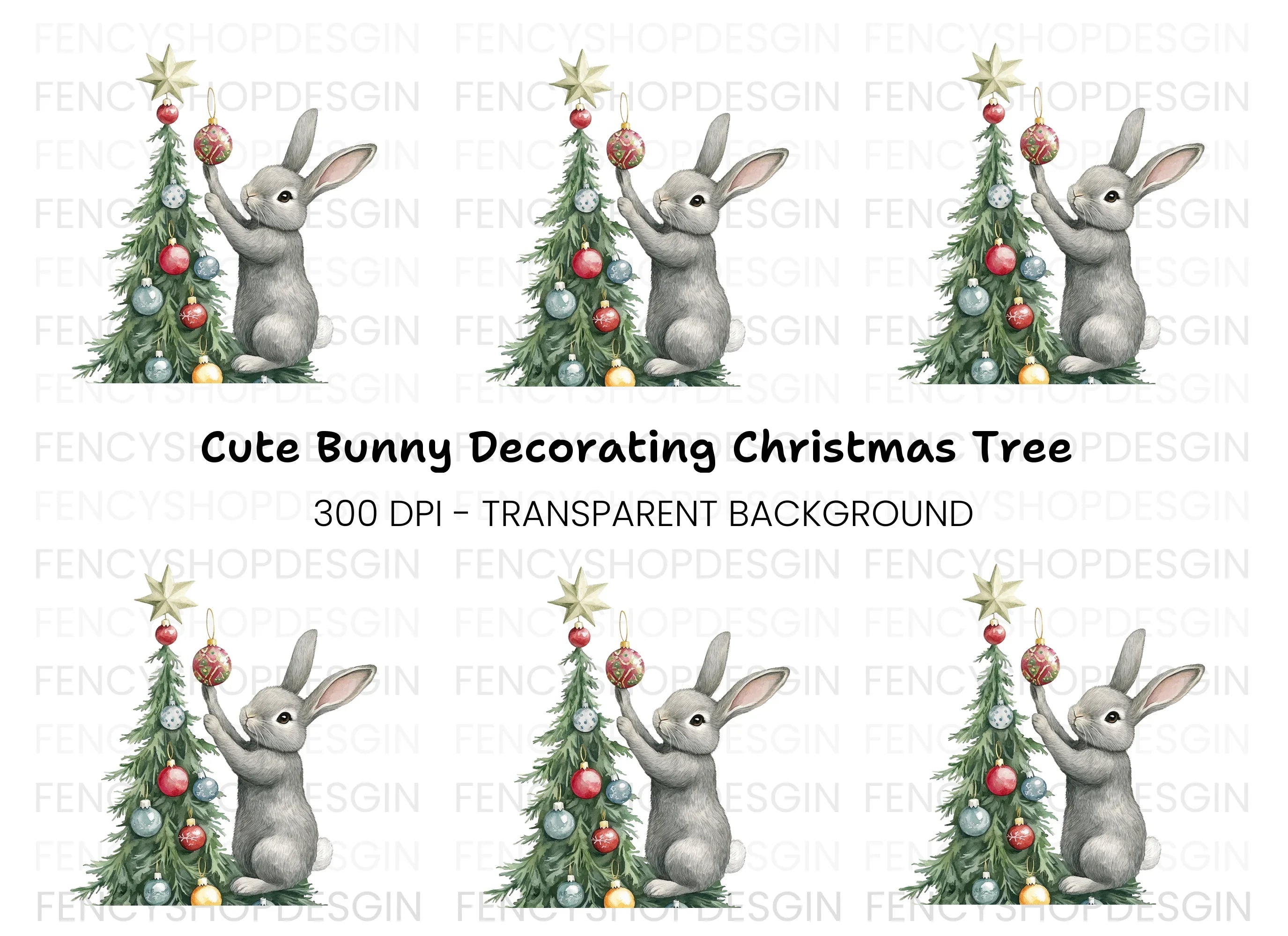 Gray Rabbit Holiday Tree Decorating Clipart Bundle