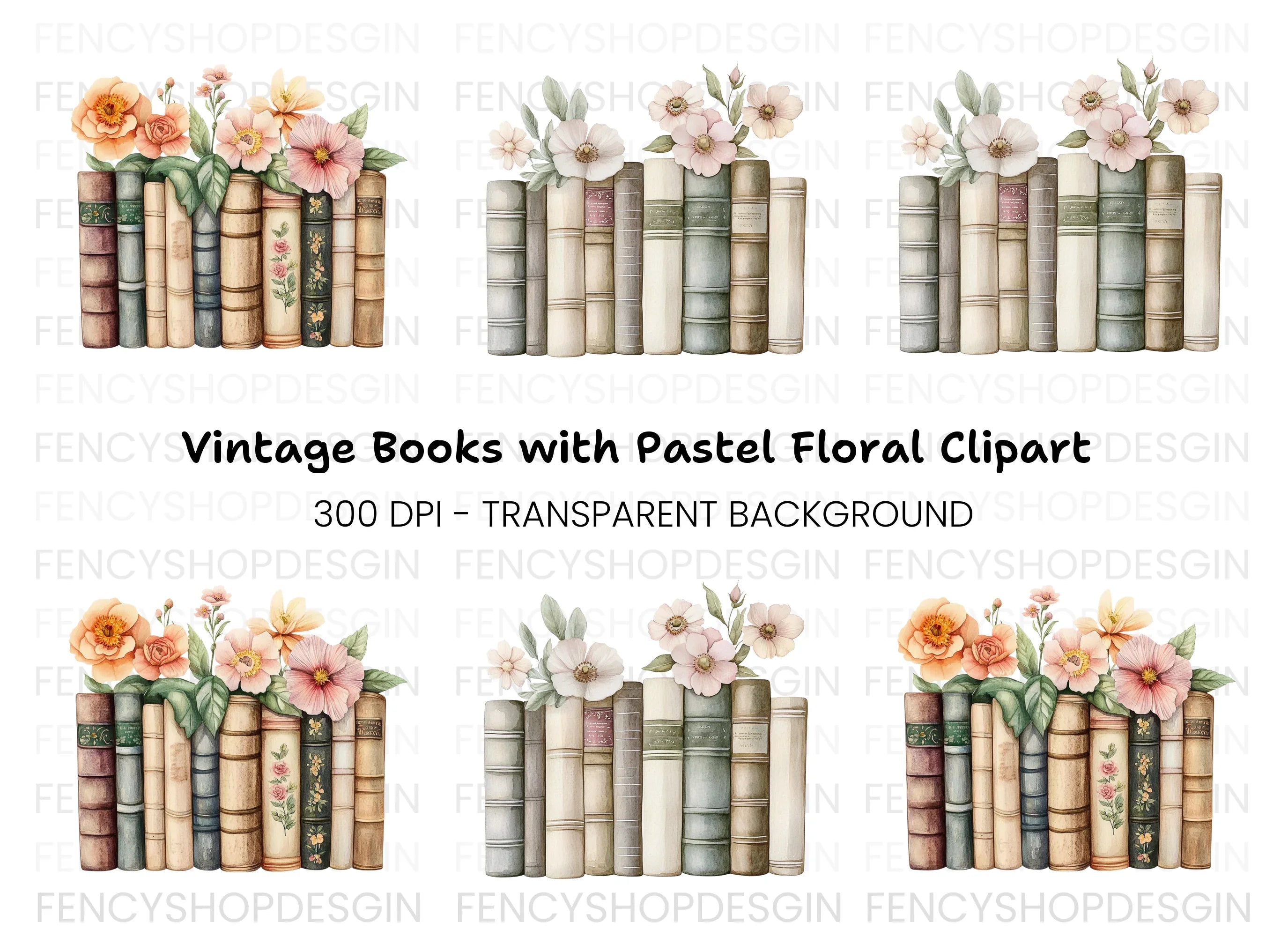 Floral Bookshelf Arrangement Clipart Bundle