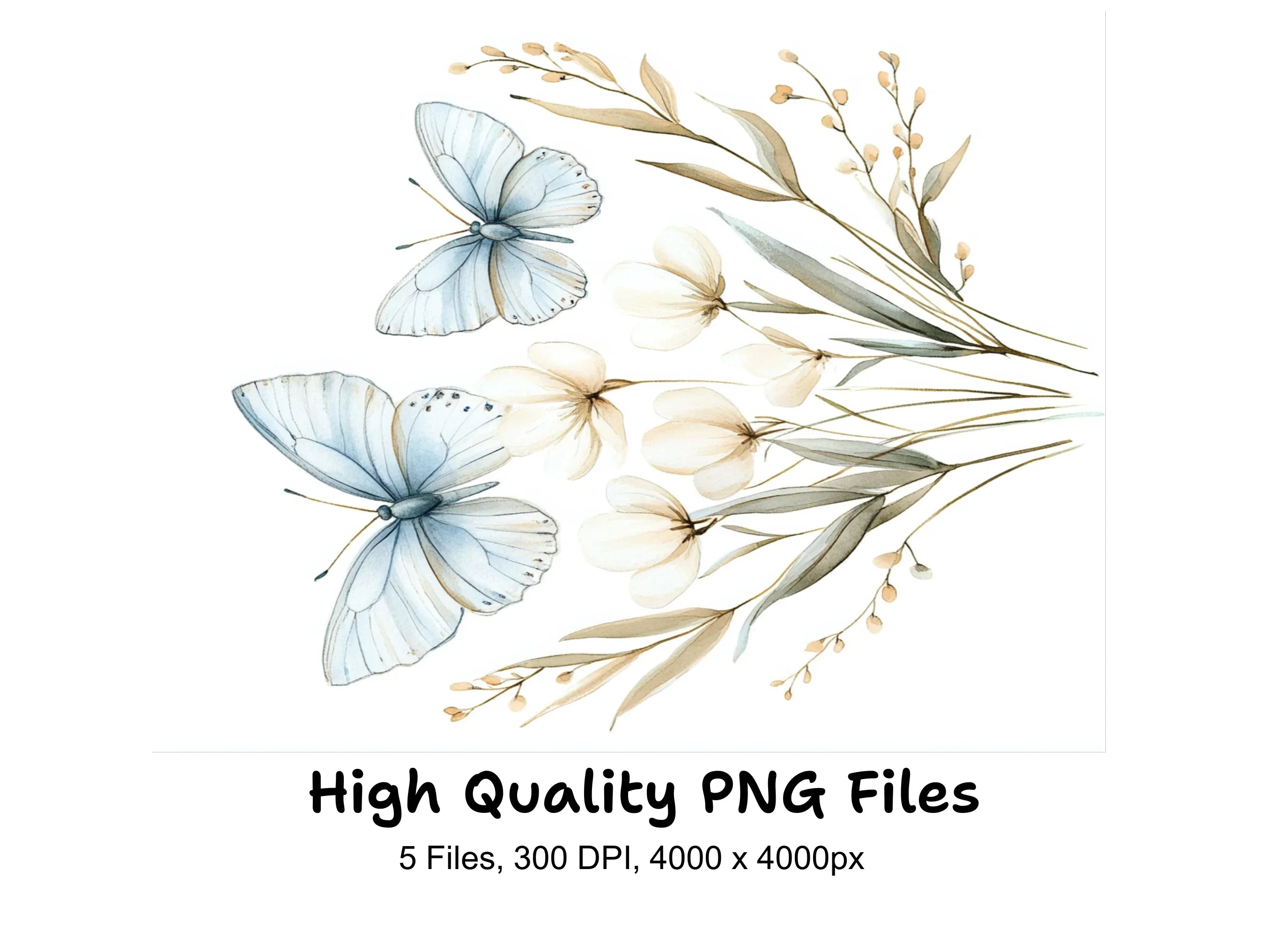 Blue Butterfly Floral Clipart Bundle