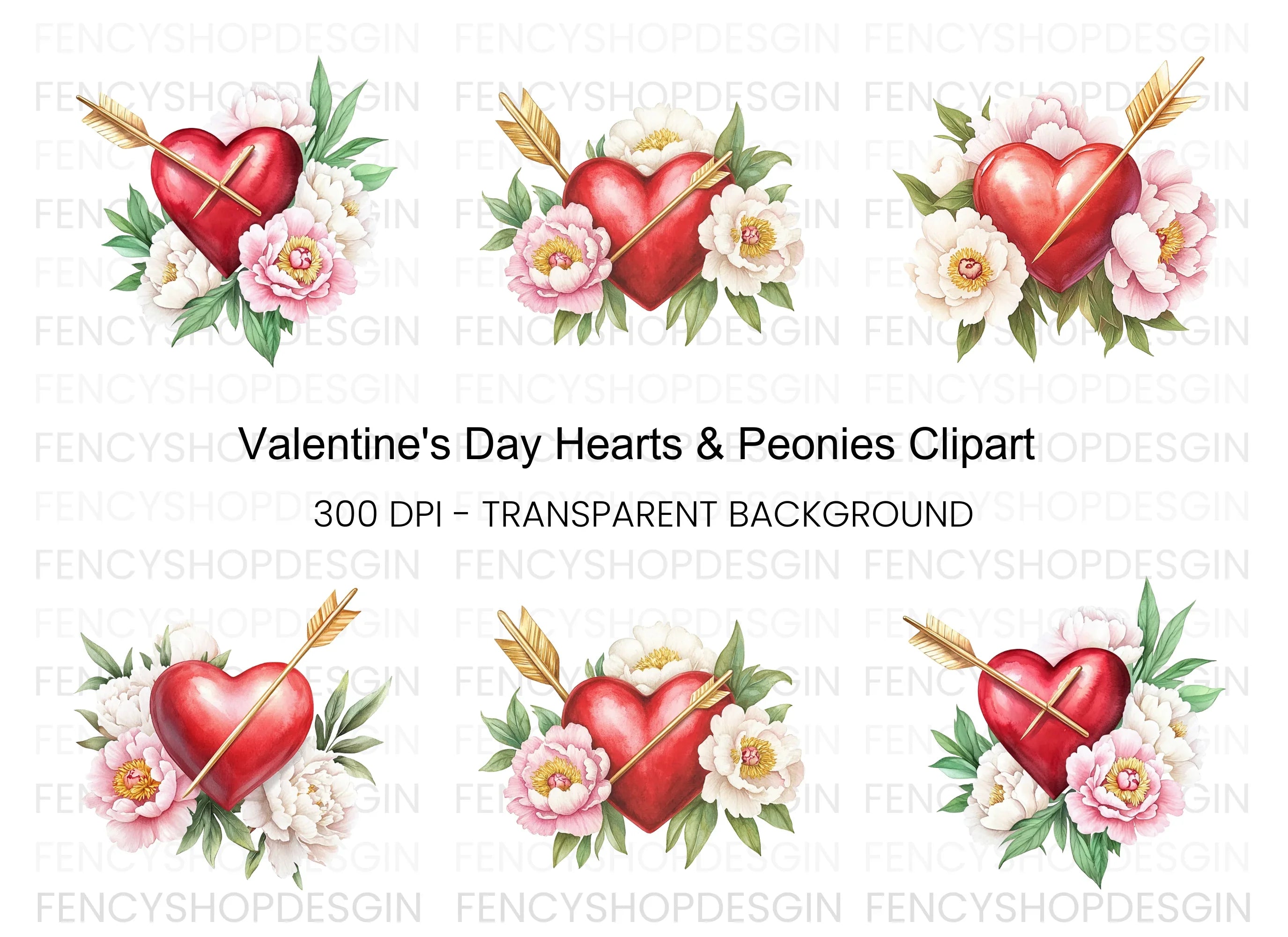 Valentine's Day Heart Peony Clipart Bundle