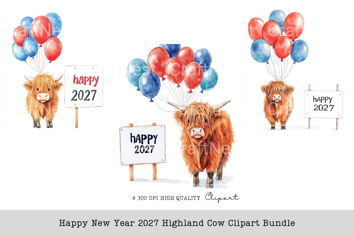Happy New Year Highland Cow 2027 Clipart Bundle