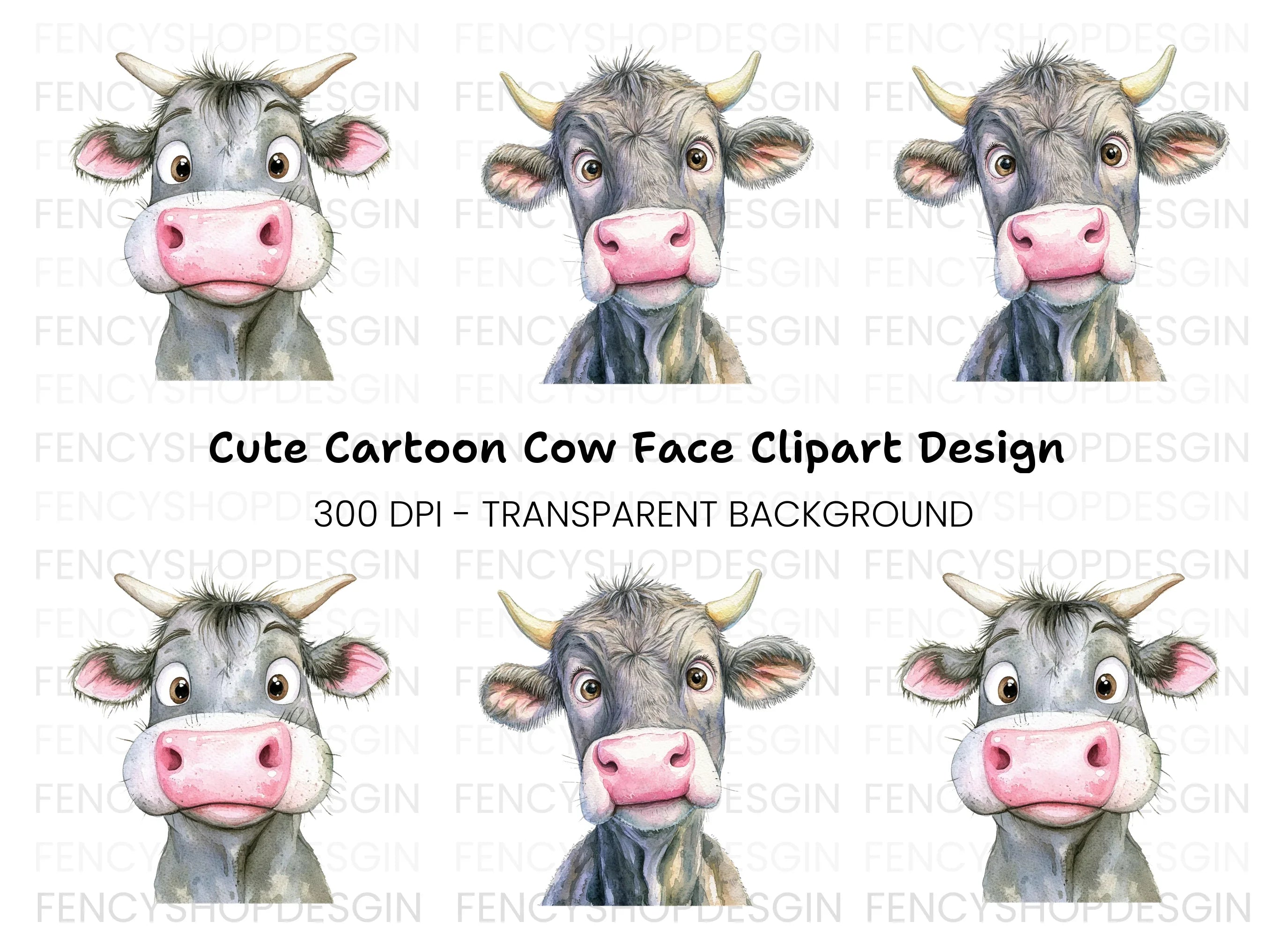 Cute Cartoon Cow Faces Clipart Bundle