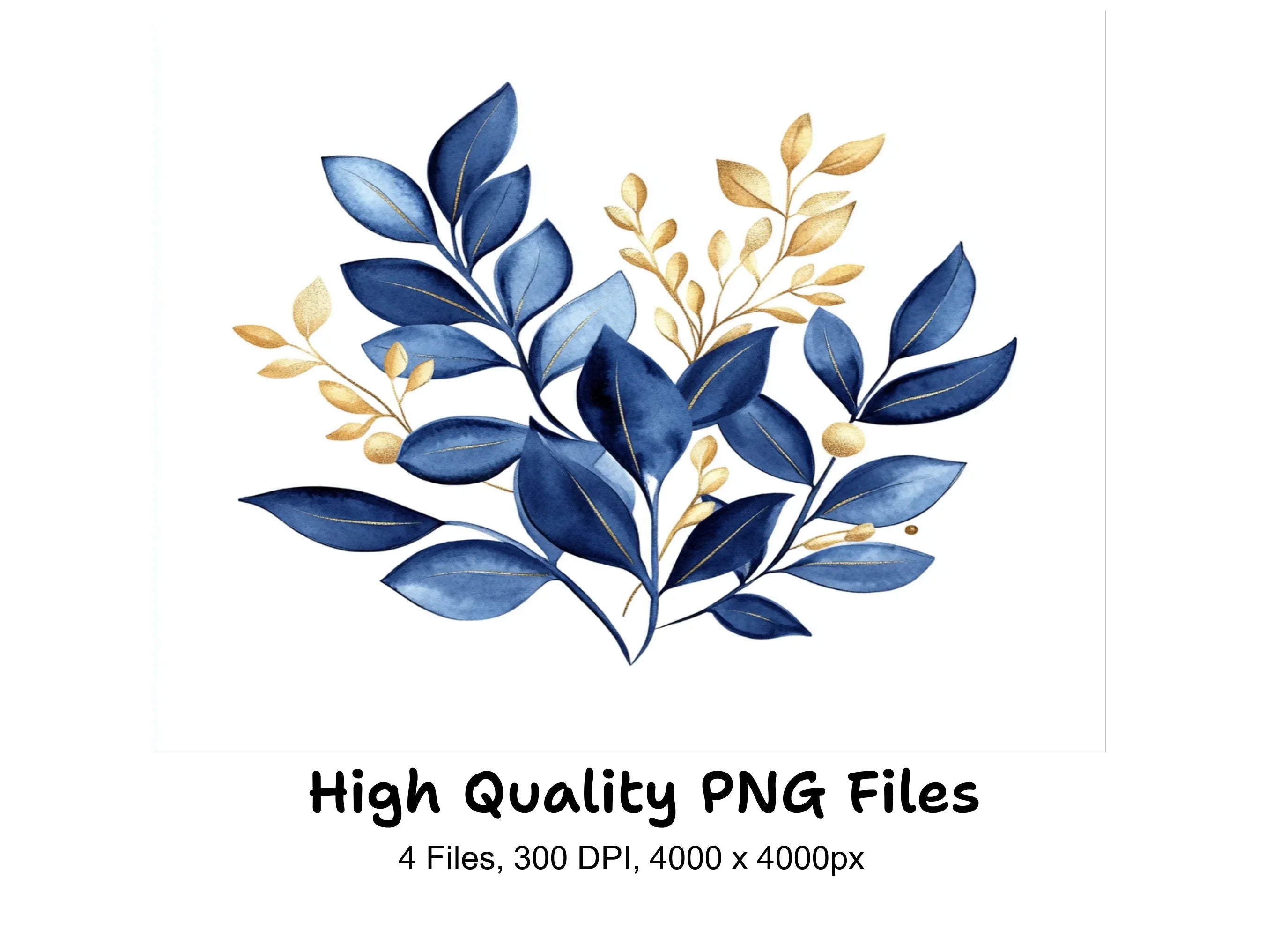 Elegant Blue Gold Leaf Clipart Bundle