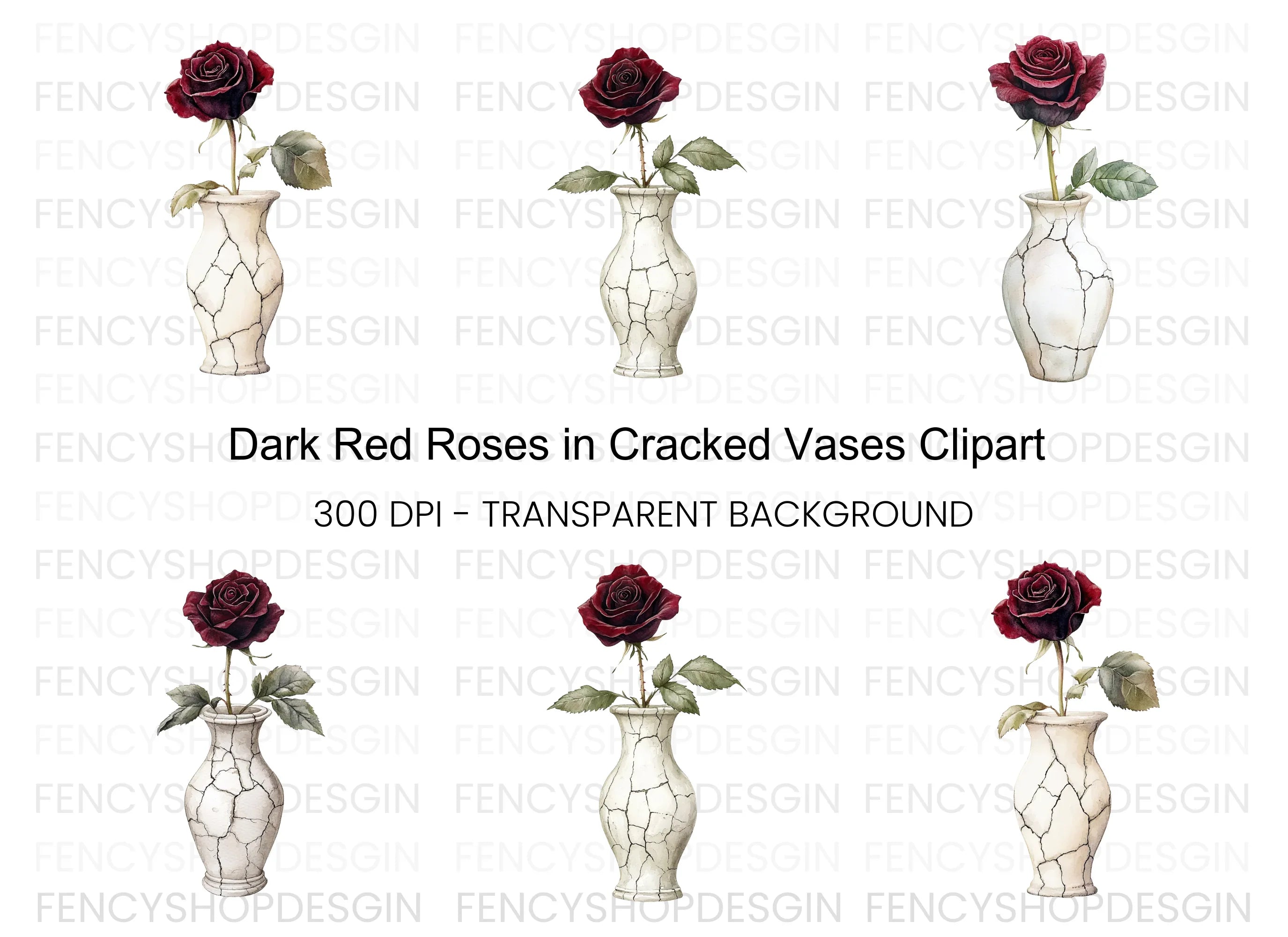 Dark Red Roses in Cracked Vases Clipart Bundle