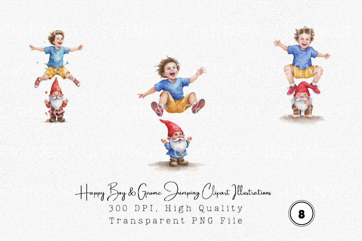 Happy Boy Gnome Jumping Illustrations Clipart Bundle