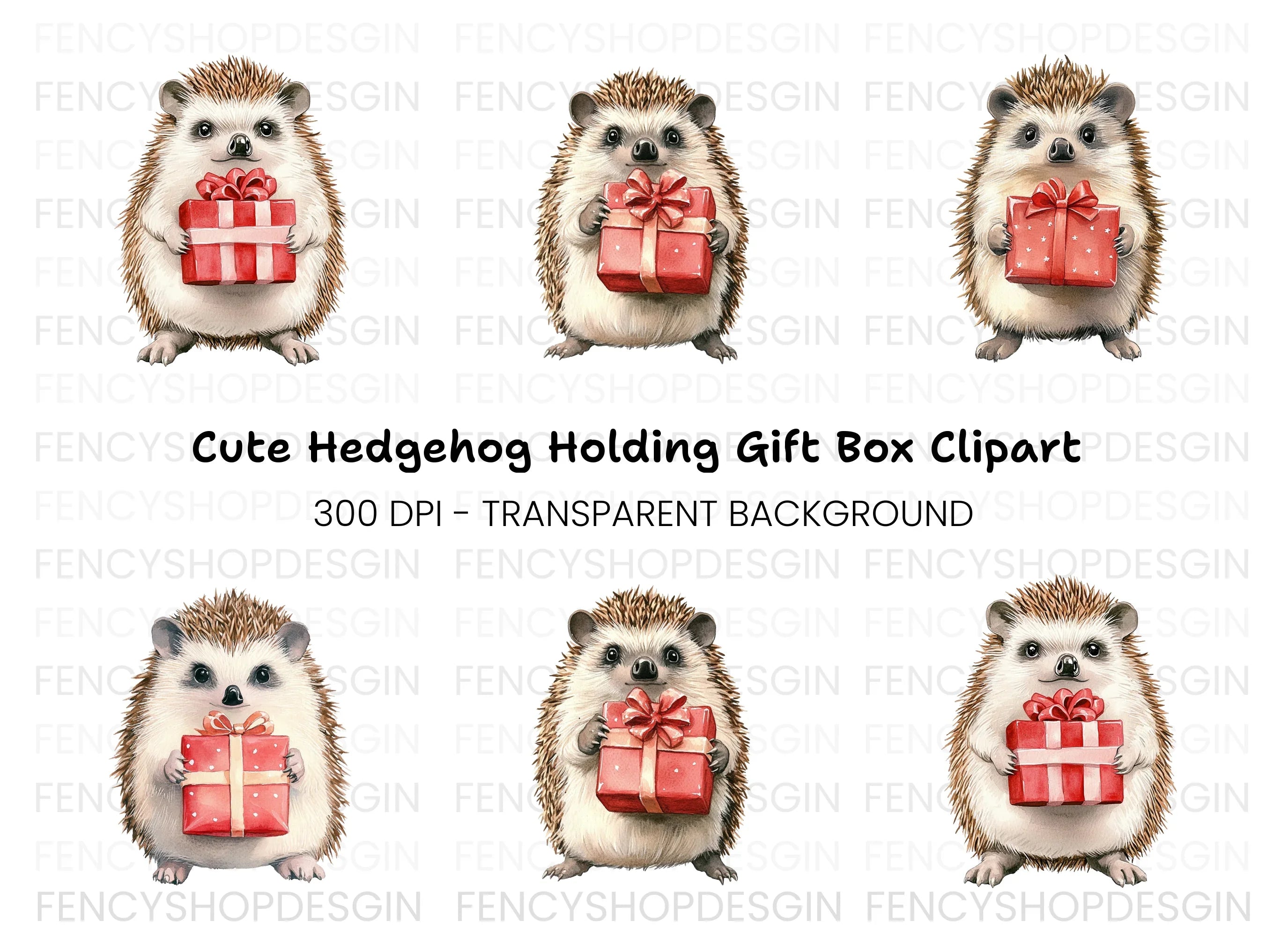 Cute Hedgehogs with Red Gift Boxes Clipart Bundle