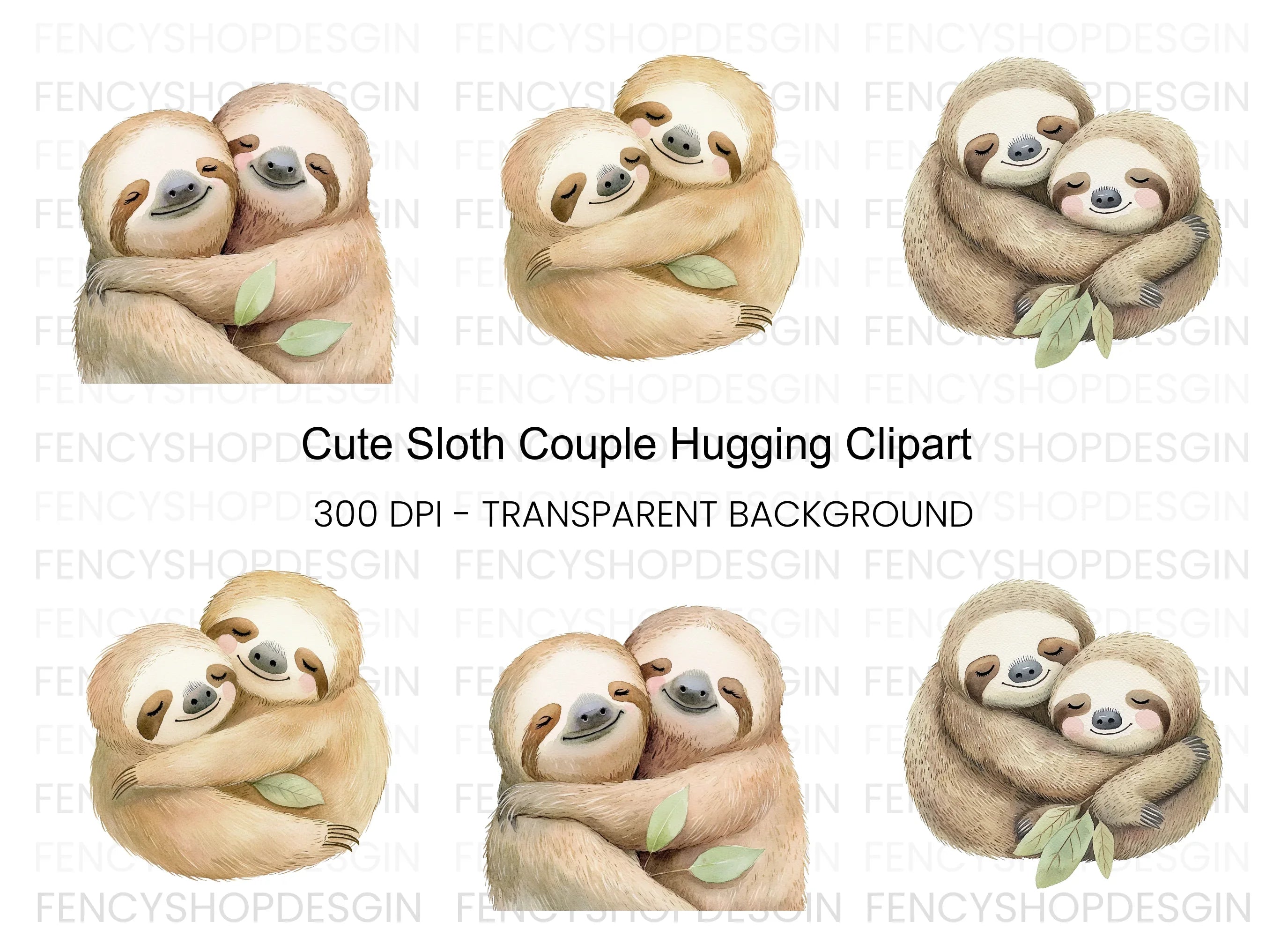 Cute Sloth Couple Hugging Clipart Bundle