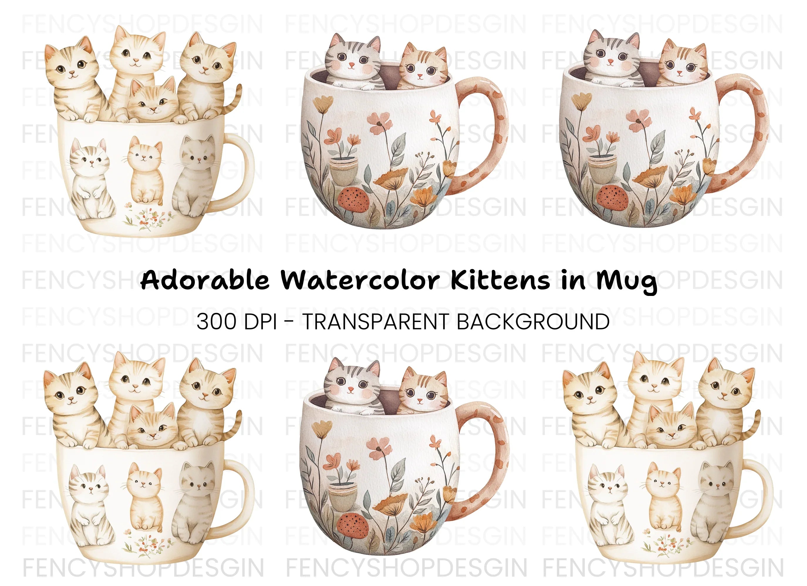 Kittens in Mugs Clipart Bundle
