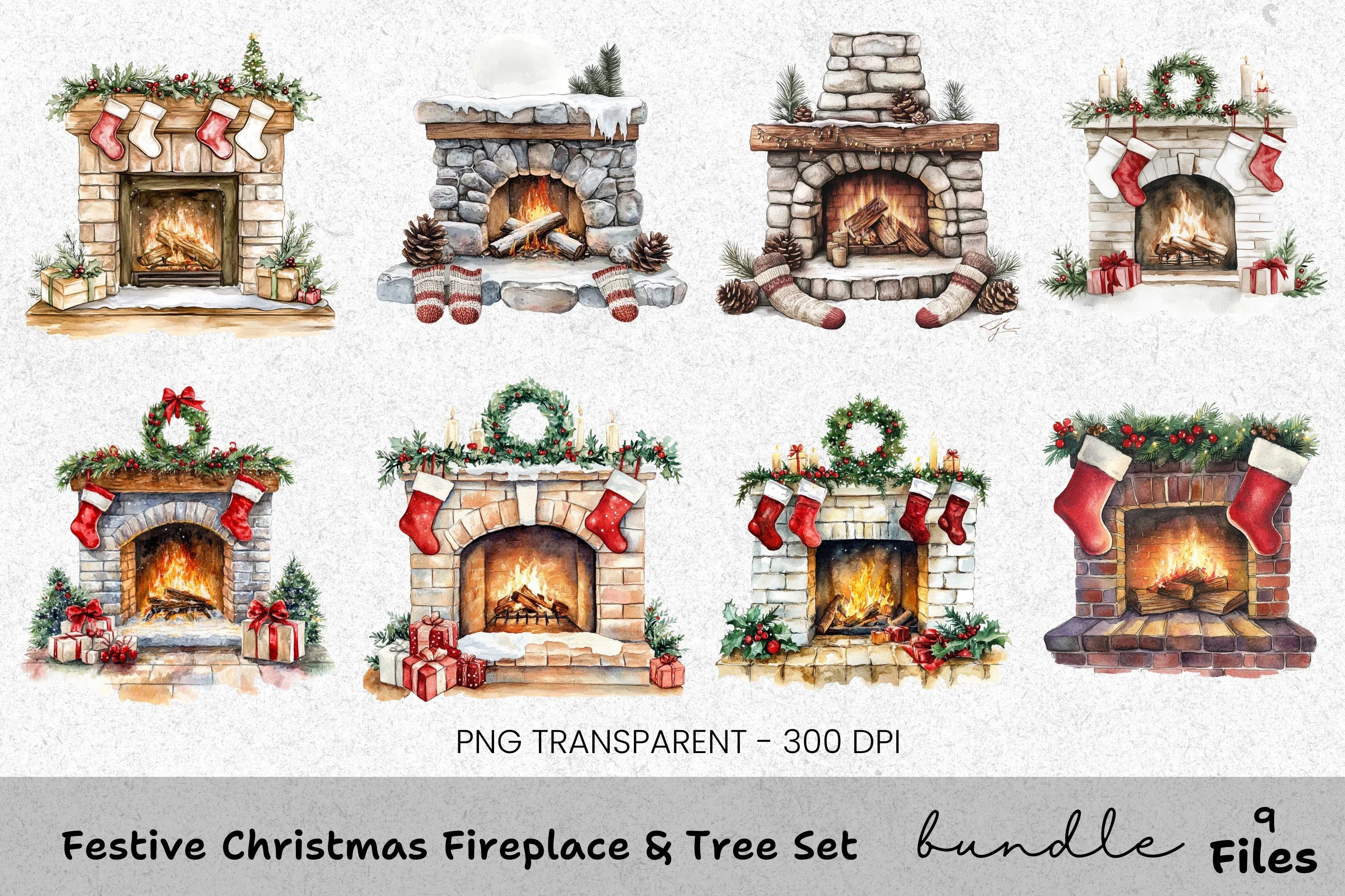 Cozy Christmas Fireplace Clipart Bundle