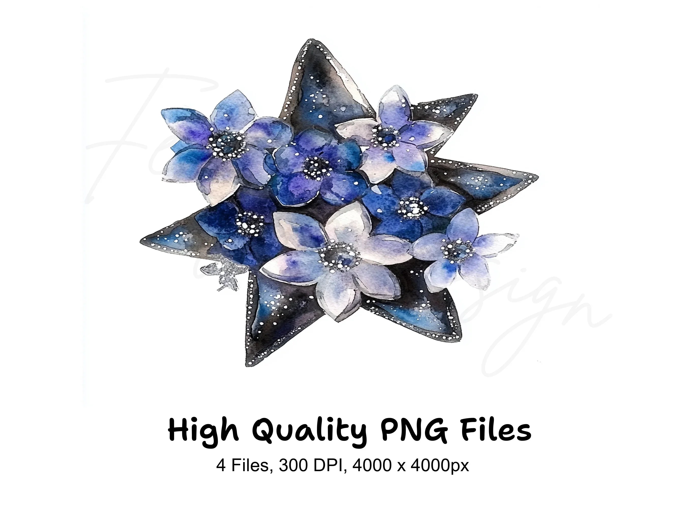 Celestial Blue Floral Star Clipart Bundle