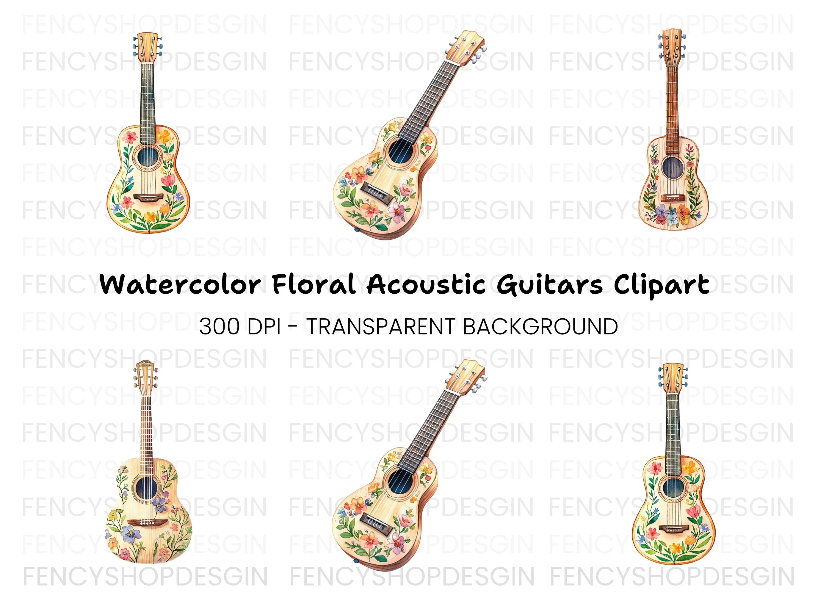 Floral Acoustic Guitar Clipart Bundle