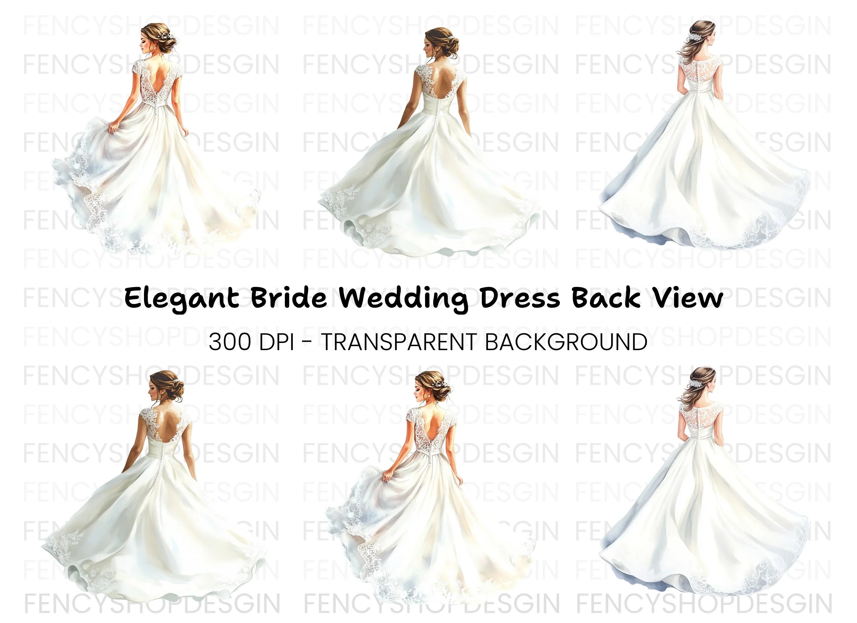 Elegant Wedding Dress Back View Clipart Bundle