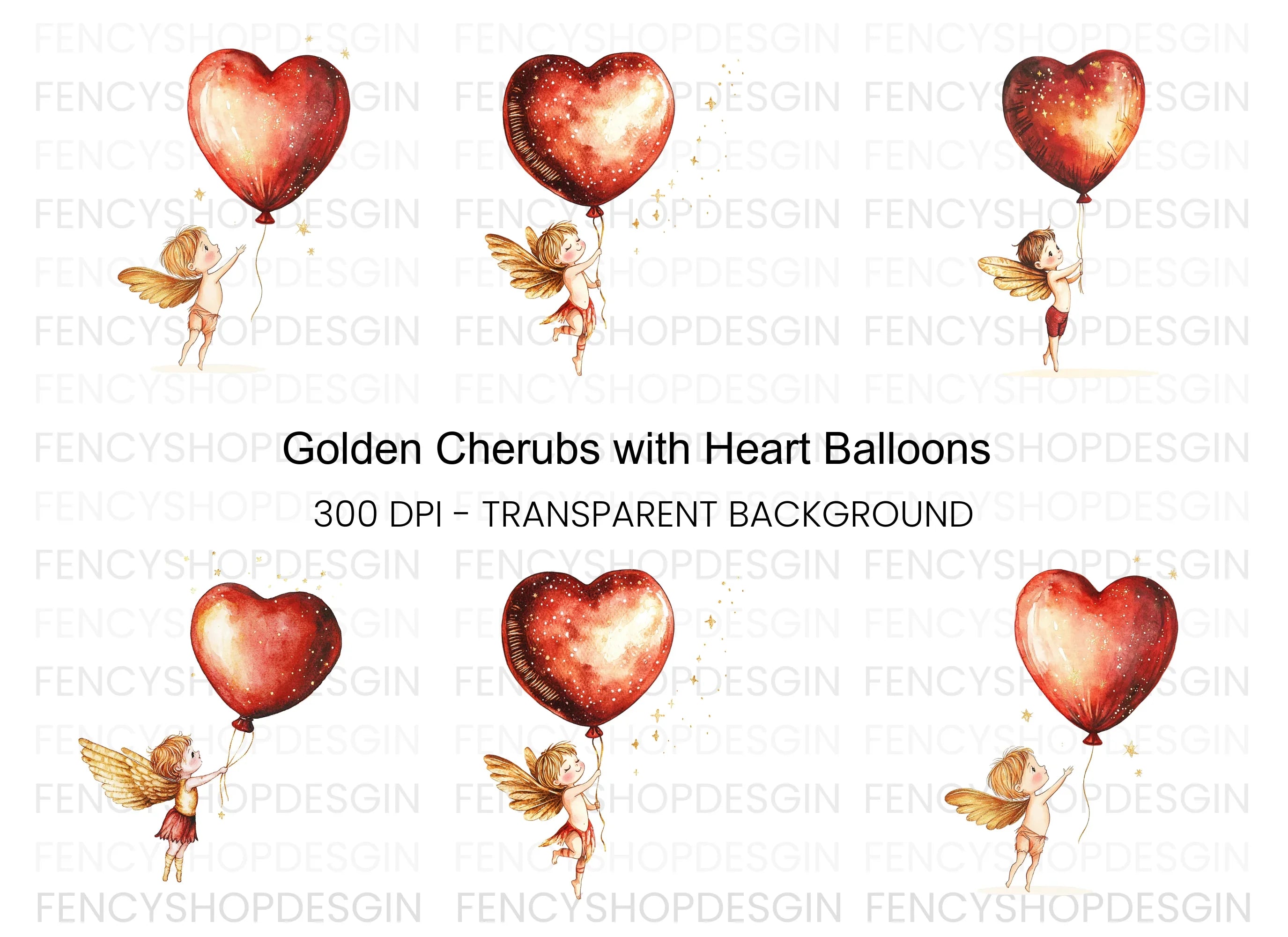 Flying Cupid Heart Balloon Clipart Bundle