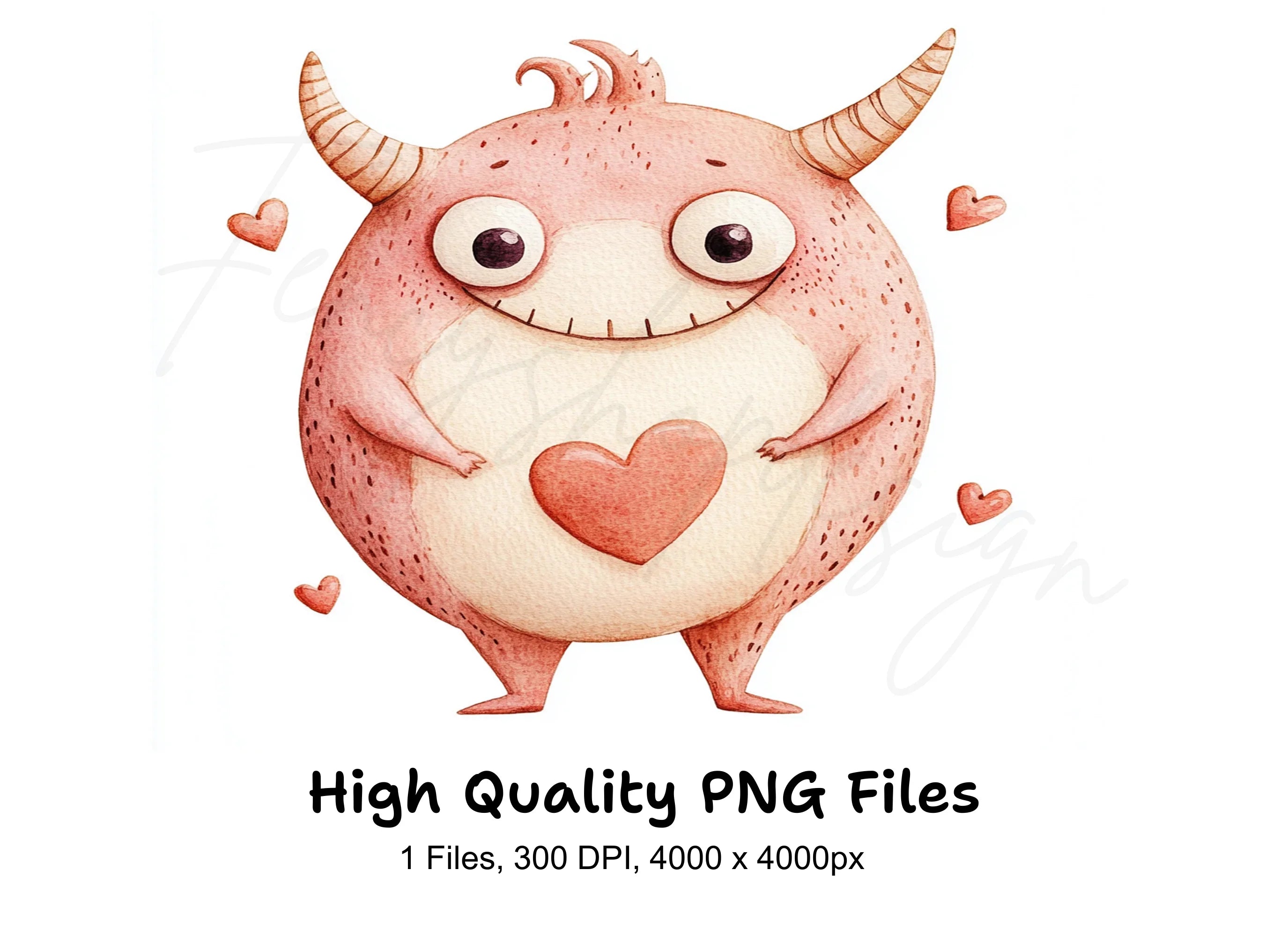 Cute Pink Monster with Heart Clipart Bundle
