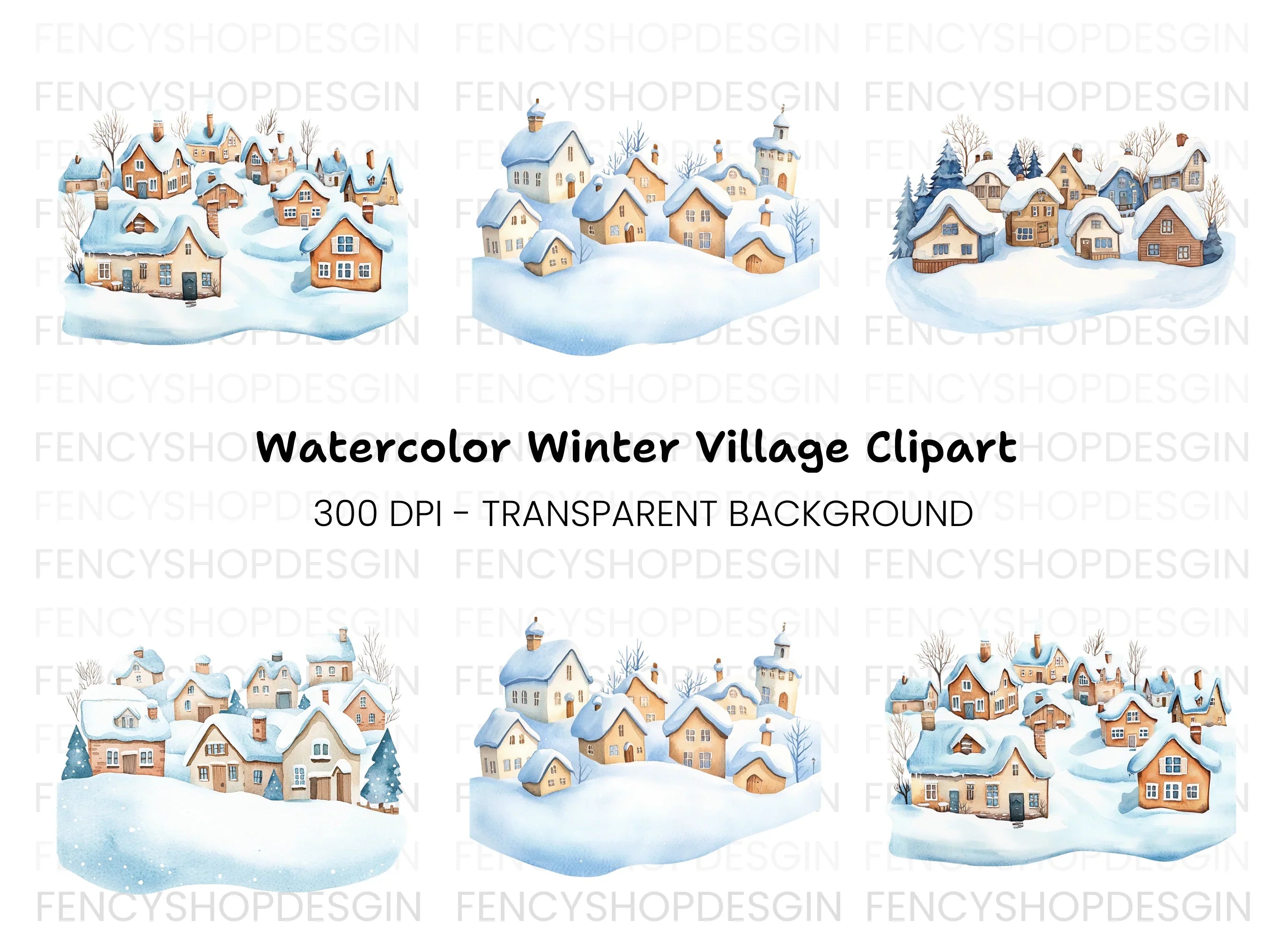 Snowy Winter Village Landscape Clipart Bundle