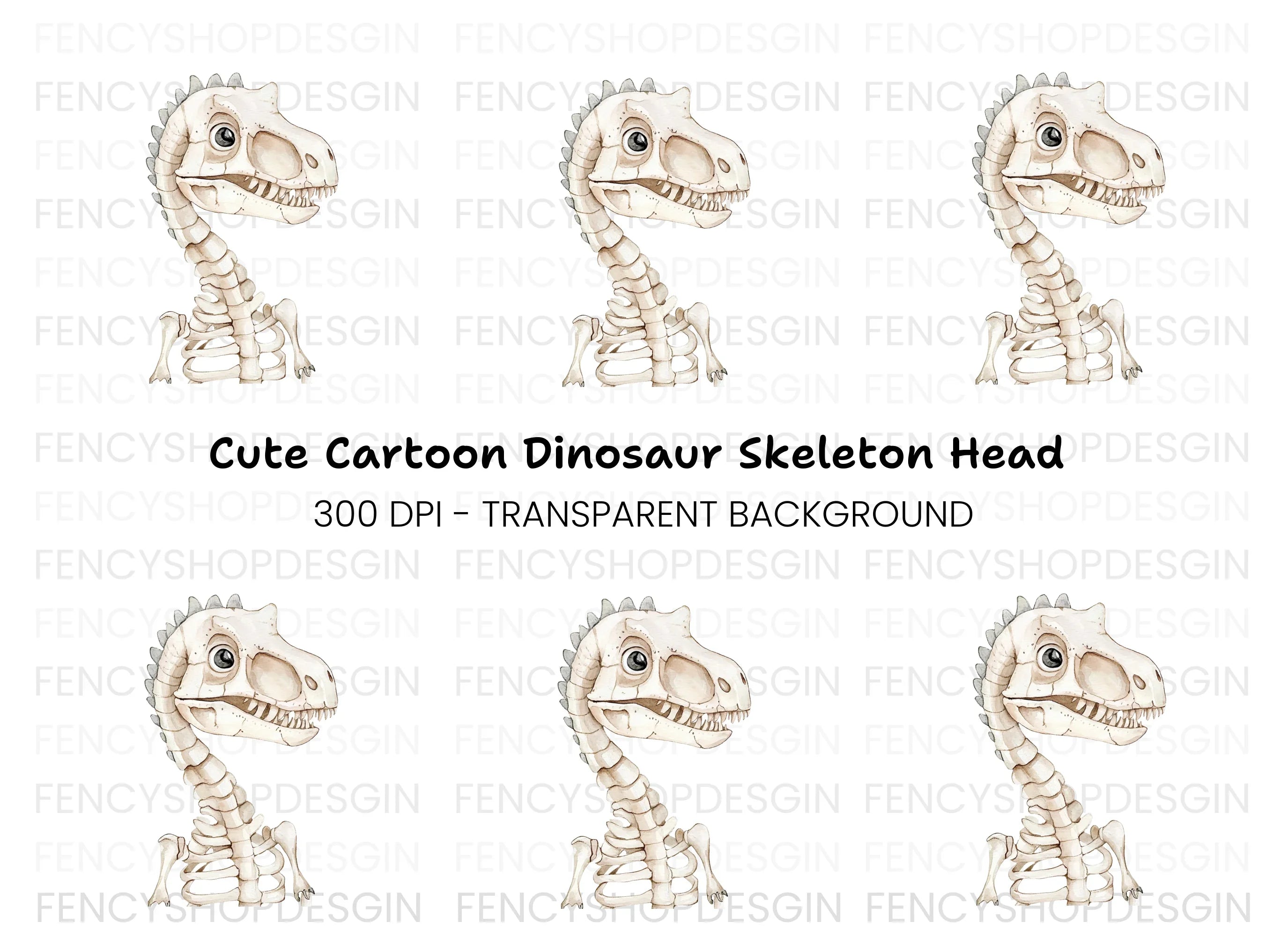 Cute Dinosaur Skeleton Head Clipart Bundle