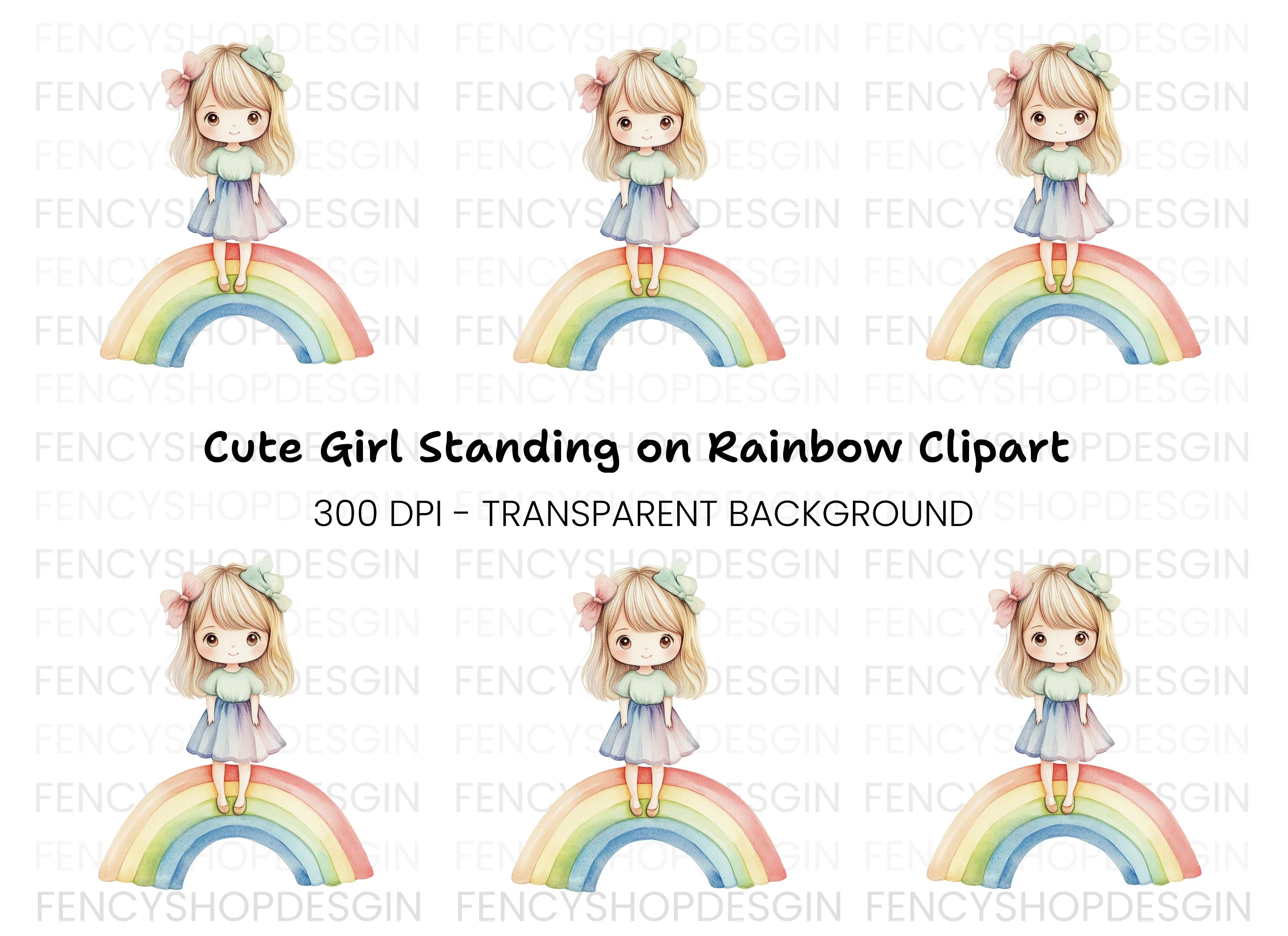 Adorable Girl Standing on Rainbow Clipart Bundle