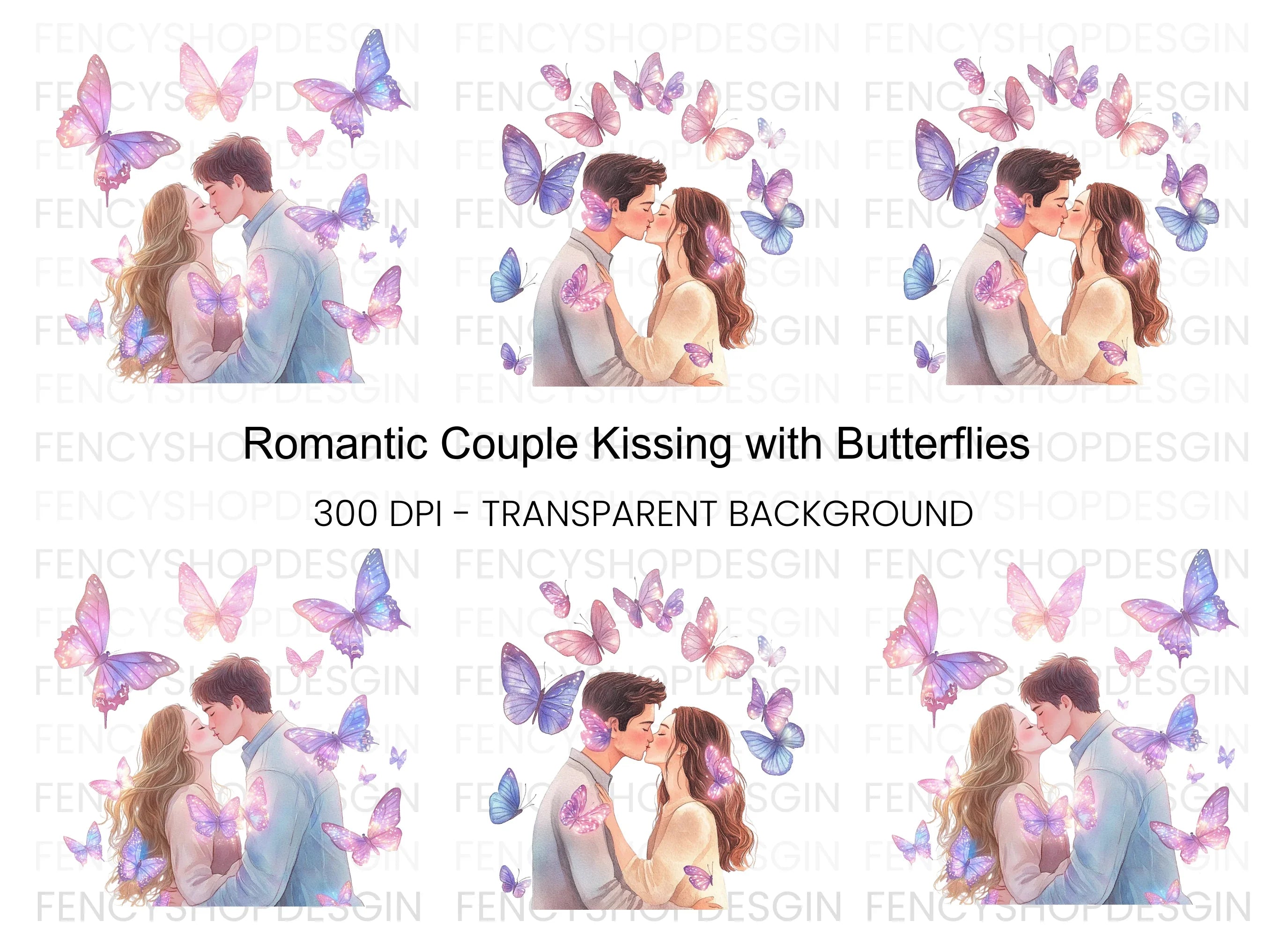 Romantic Couple Kissing with Butterflies Clipart Bundle