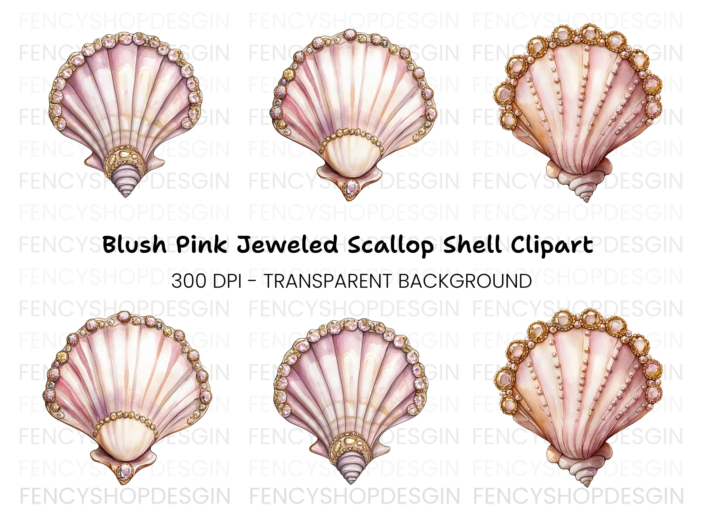 Pink Seashells with Gold Gem Clipart Bundle
