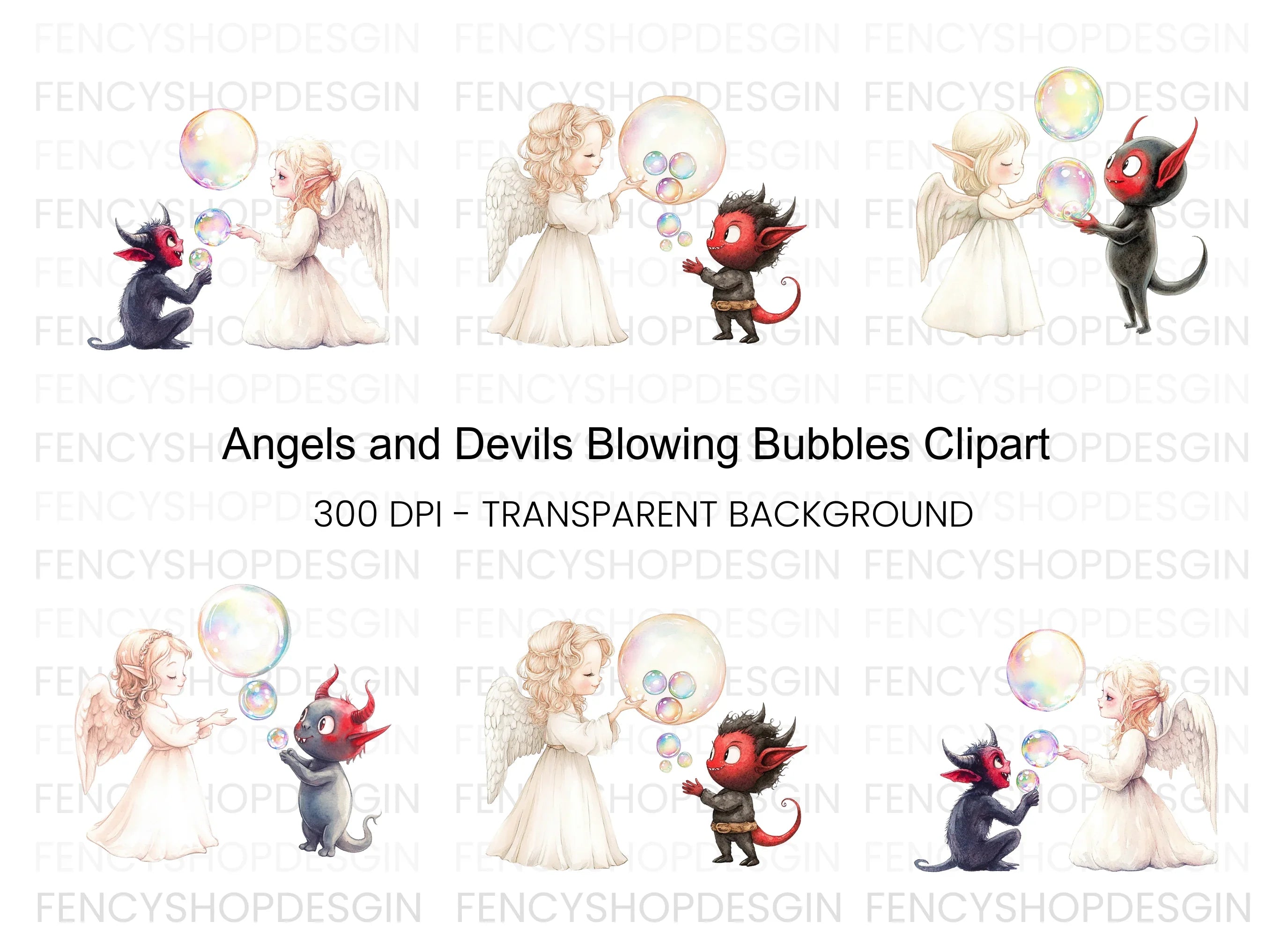 Angels and Devils Blowing Bubbles Clipart Bundle
