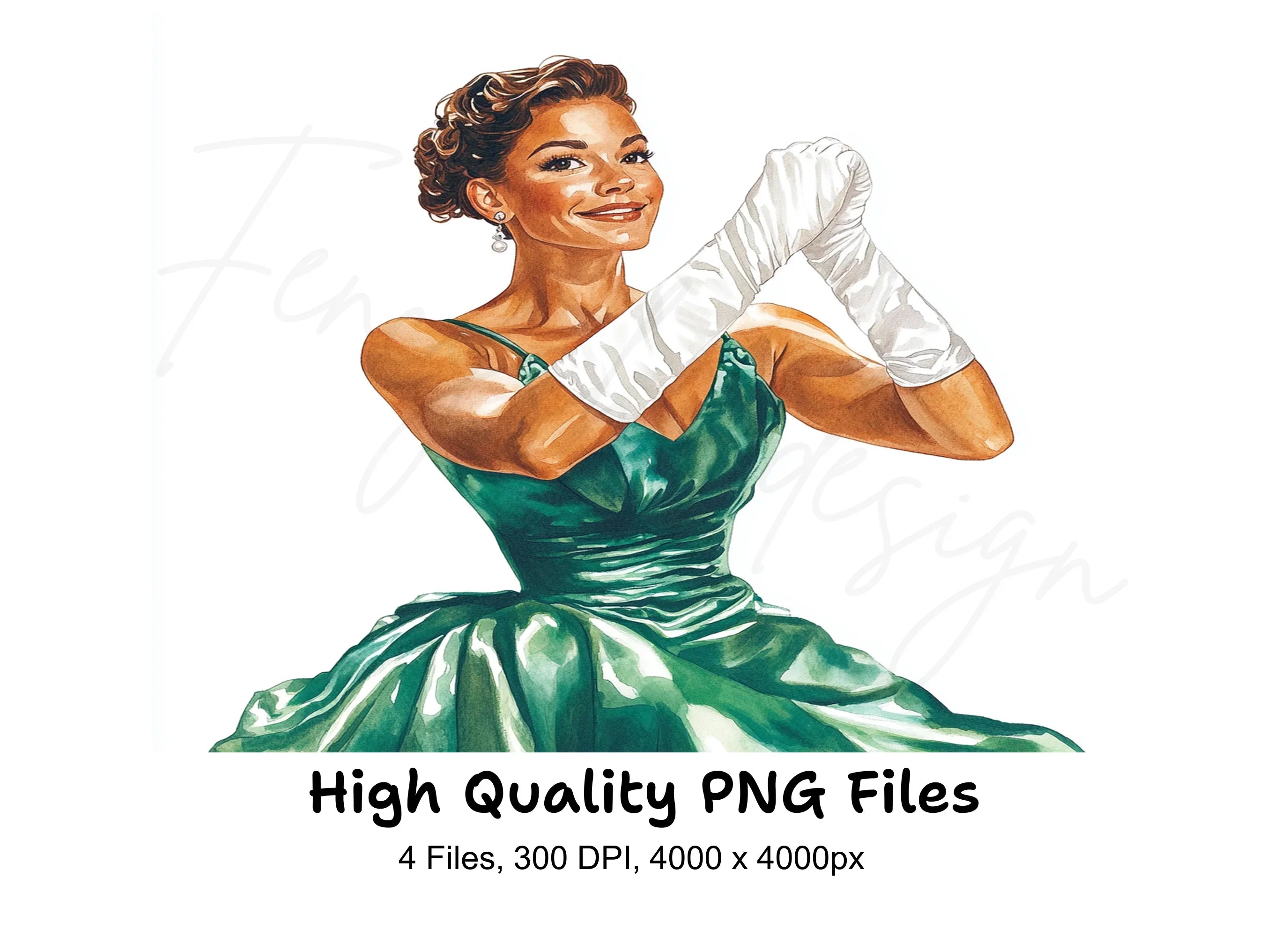 Elegant Woman in Green Dress Clipart Bundle