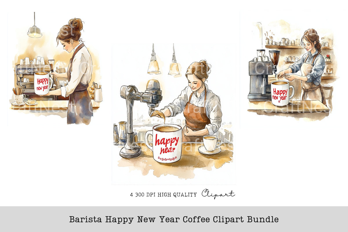 Barista Happy New Year Coffee Clipart Bundle