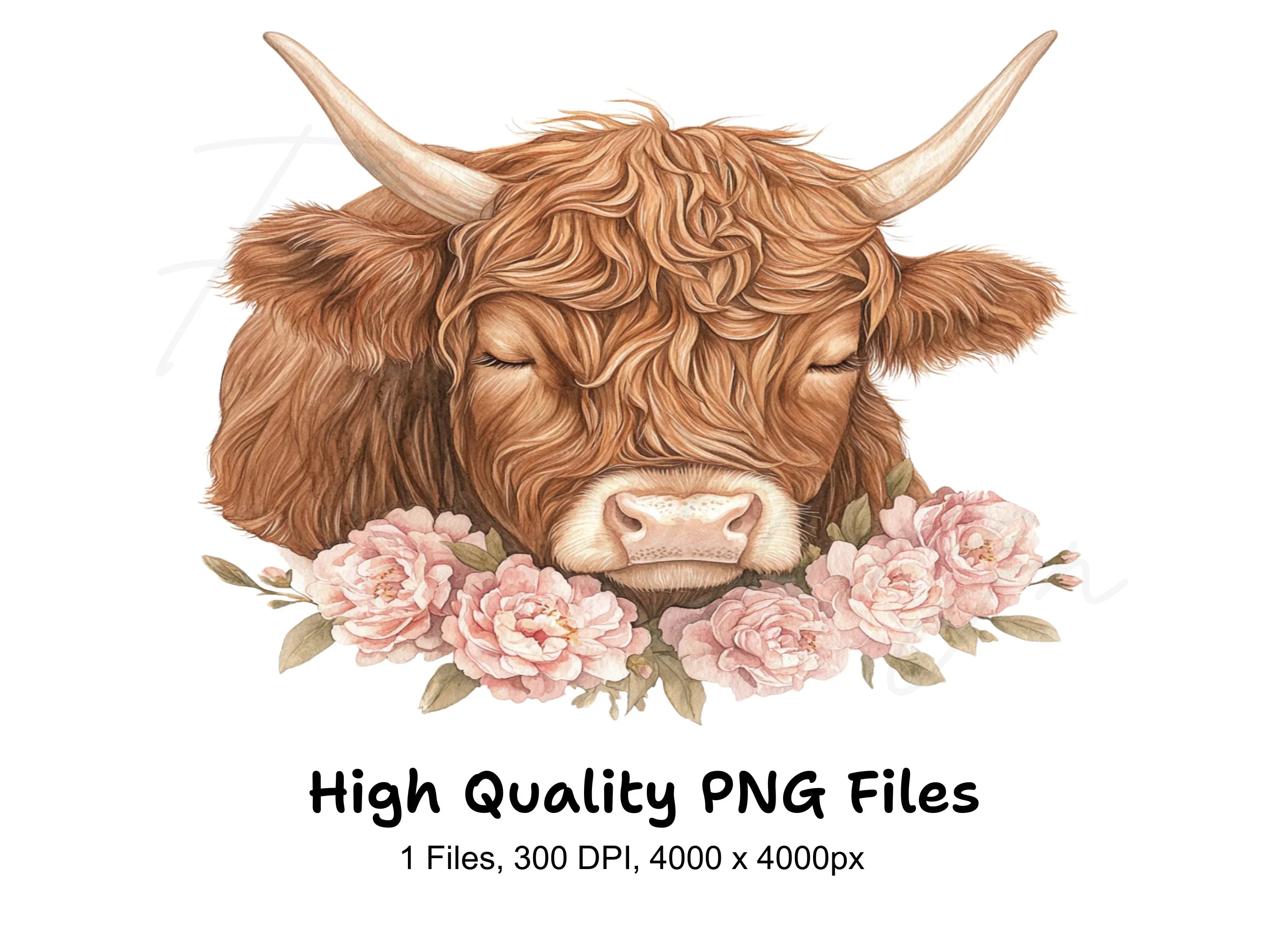 Highland Cow with Pink Peonies Clipart Bundle