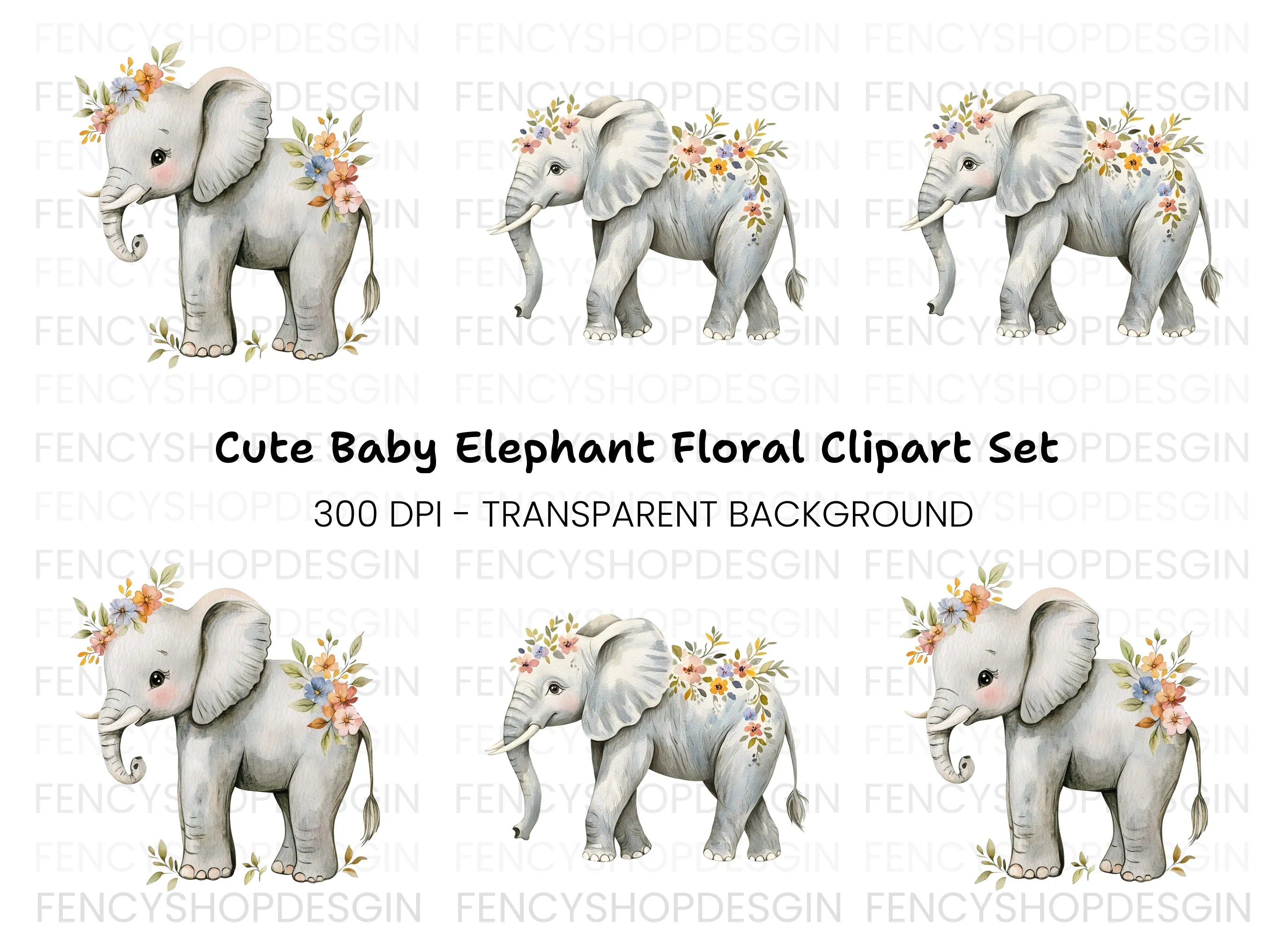 Floral Elephant Clipart Bundle