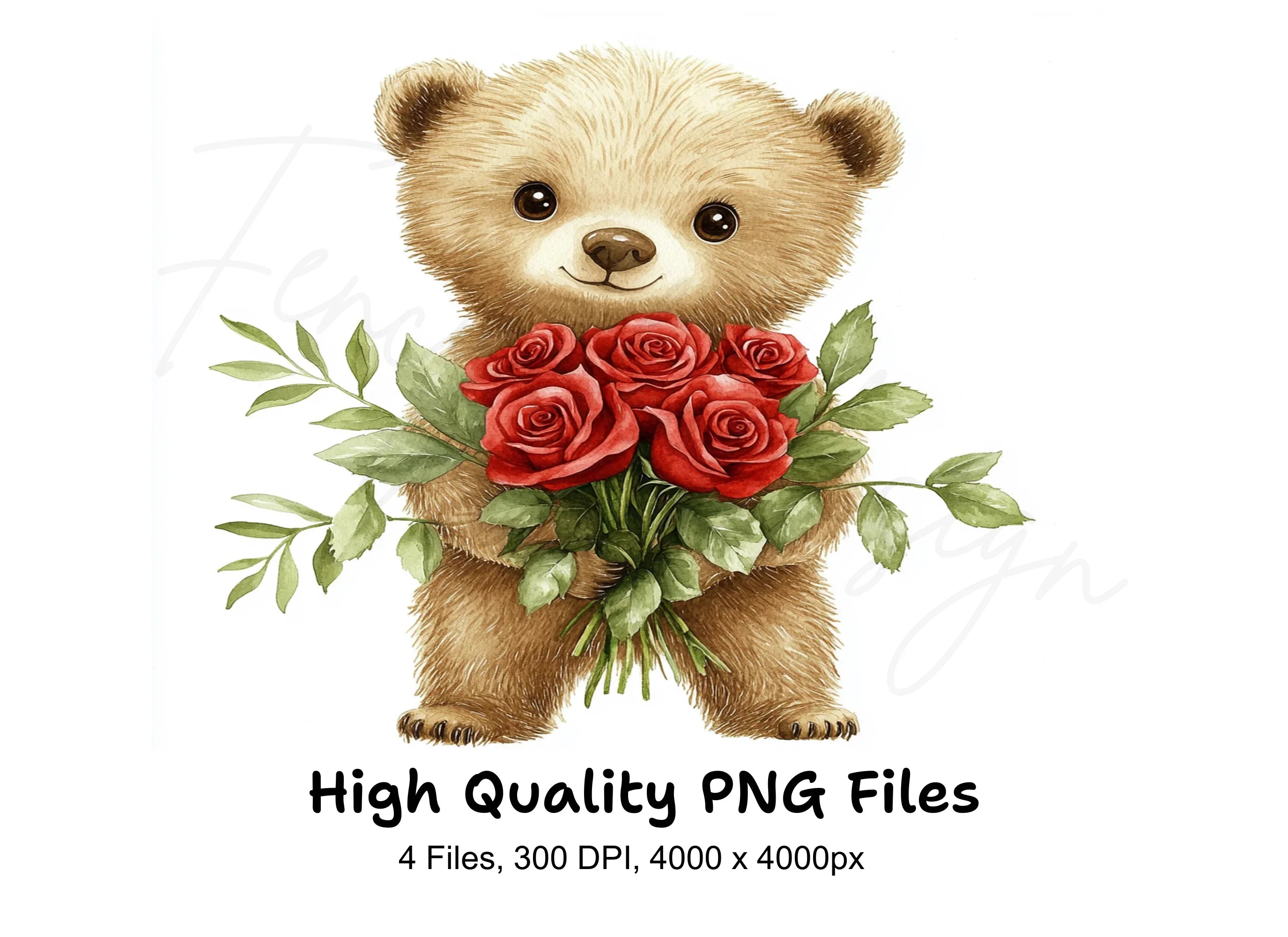 Sweet Teddy Bears with Rose Bouquets Clipart Bundle