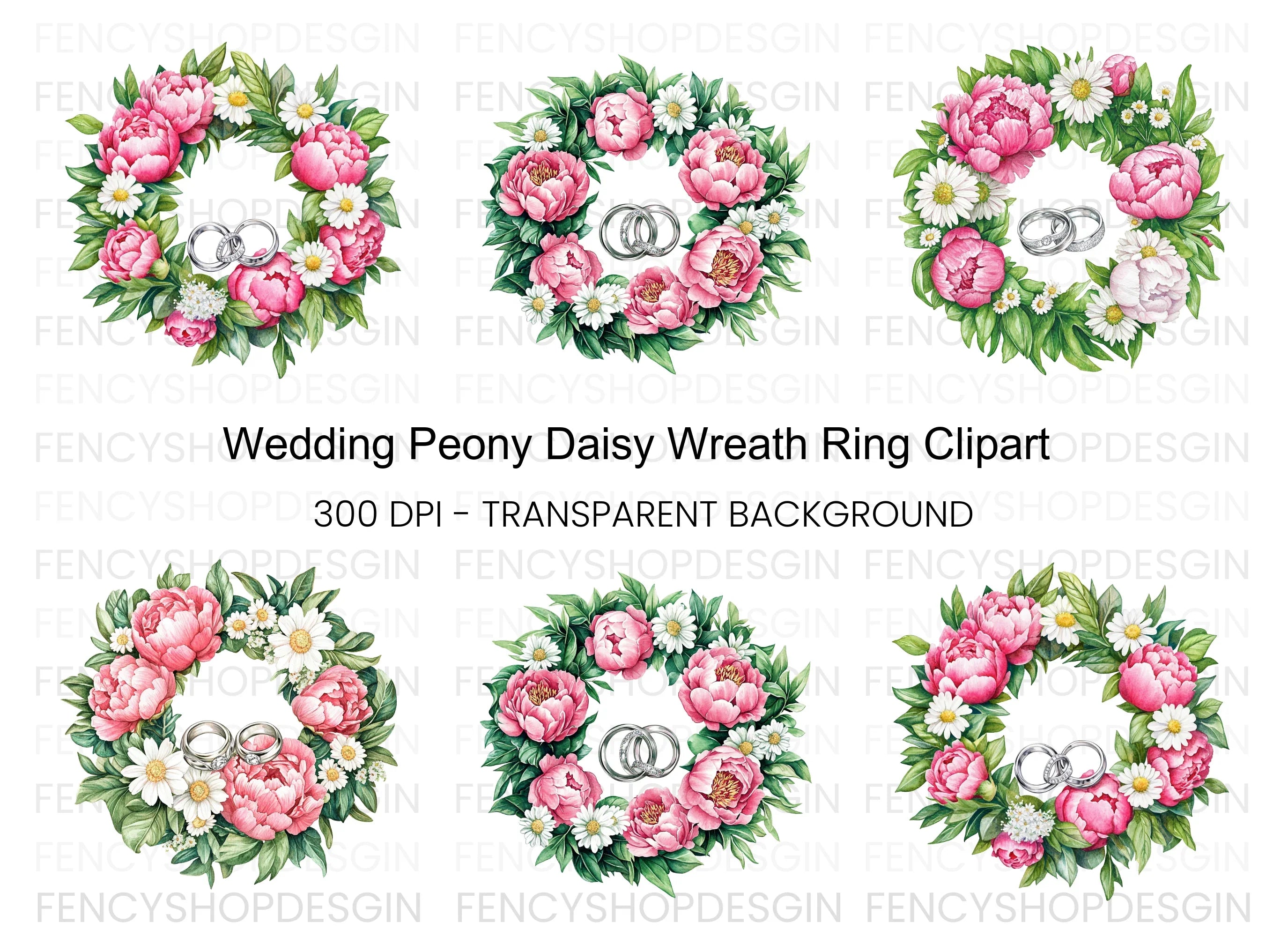 Pink Peony and Daisy Wedding Wreath Clipart Bundle