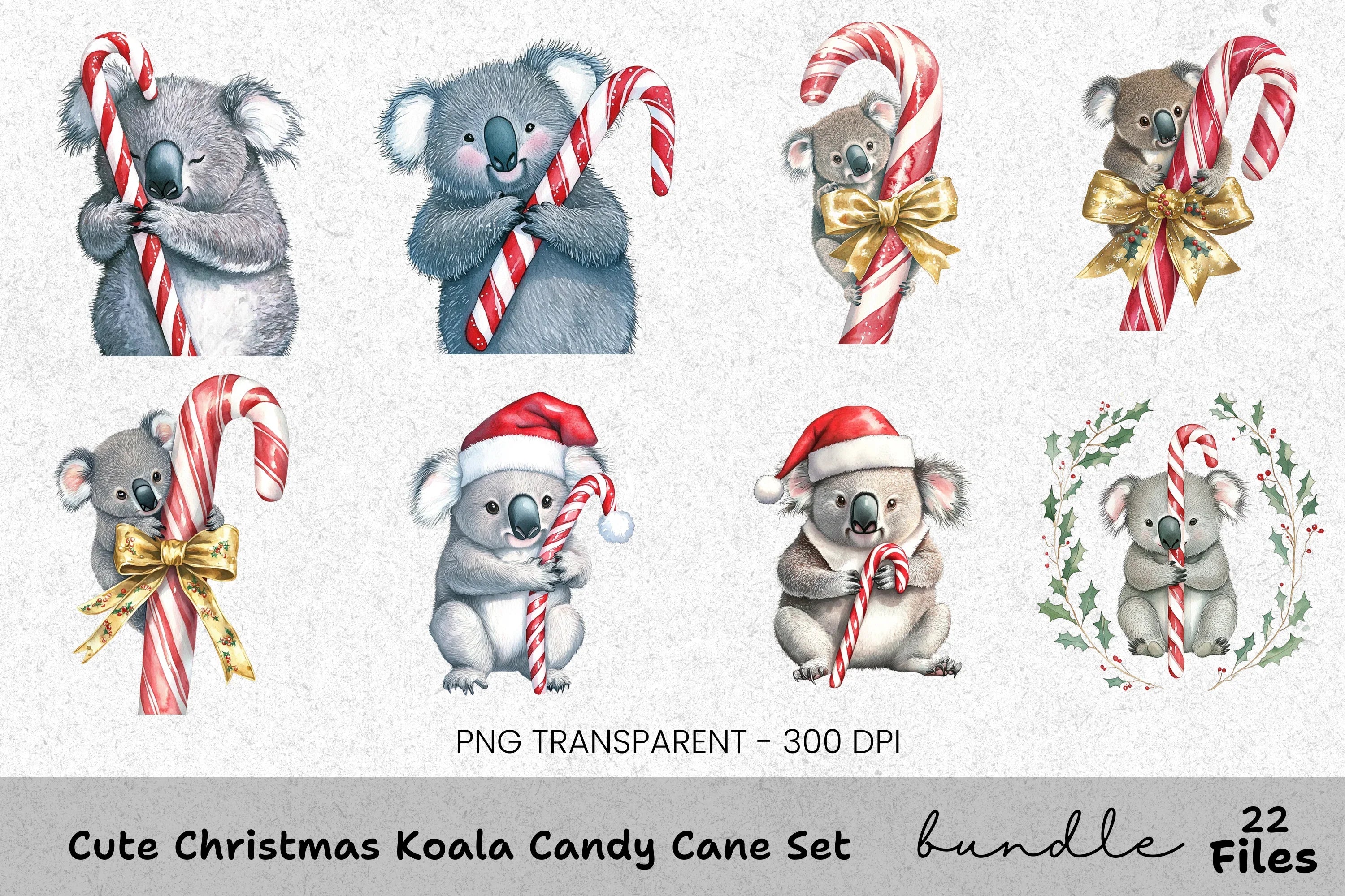 Christmas Koalas with Candy Canes Clipart Bundle